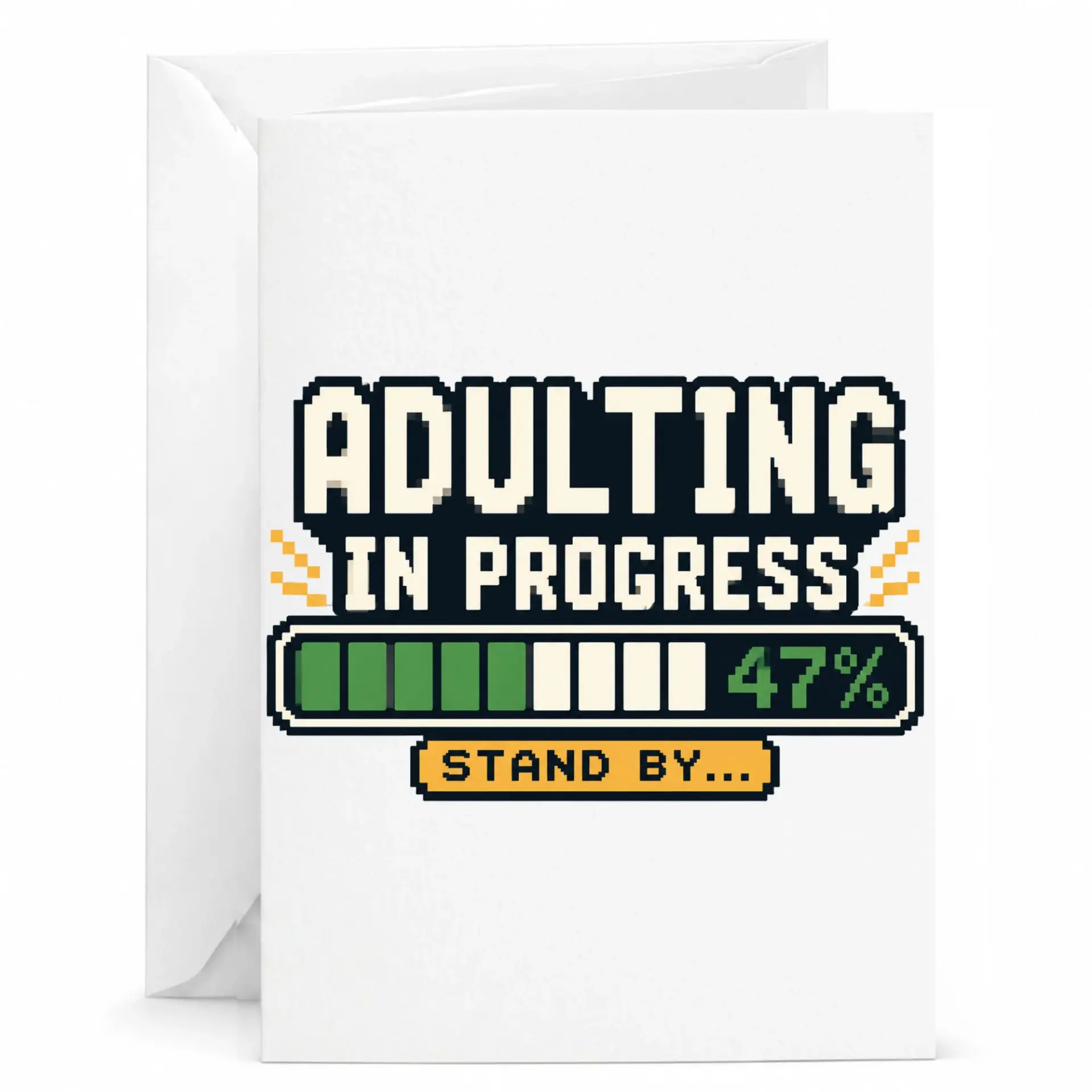 Funny Adulting in Progress Greeting Card, Retro Pixel Art Design, Blank Note Card for Milestone Birthdays and Holidays