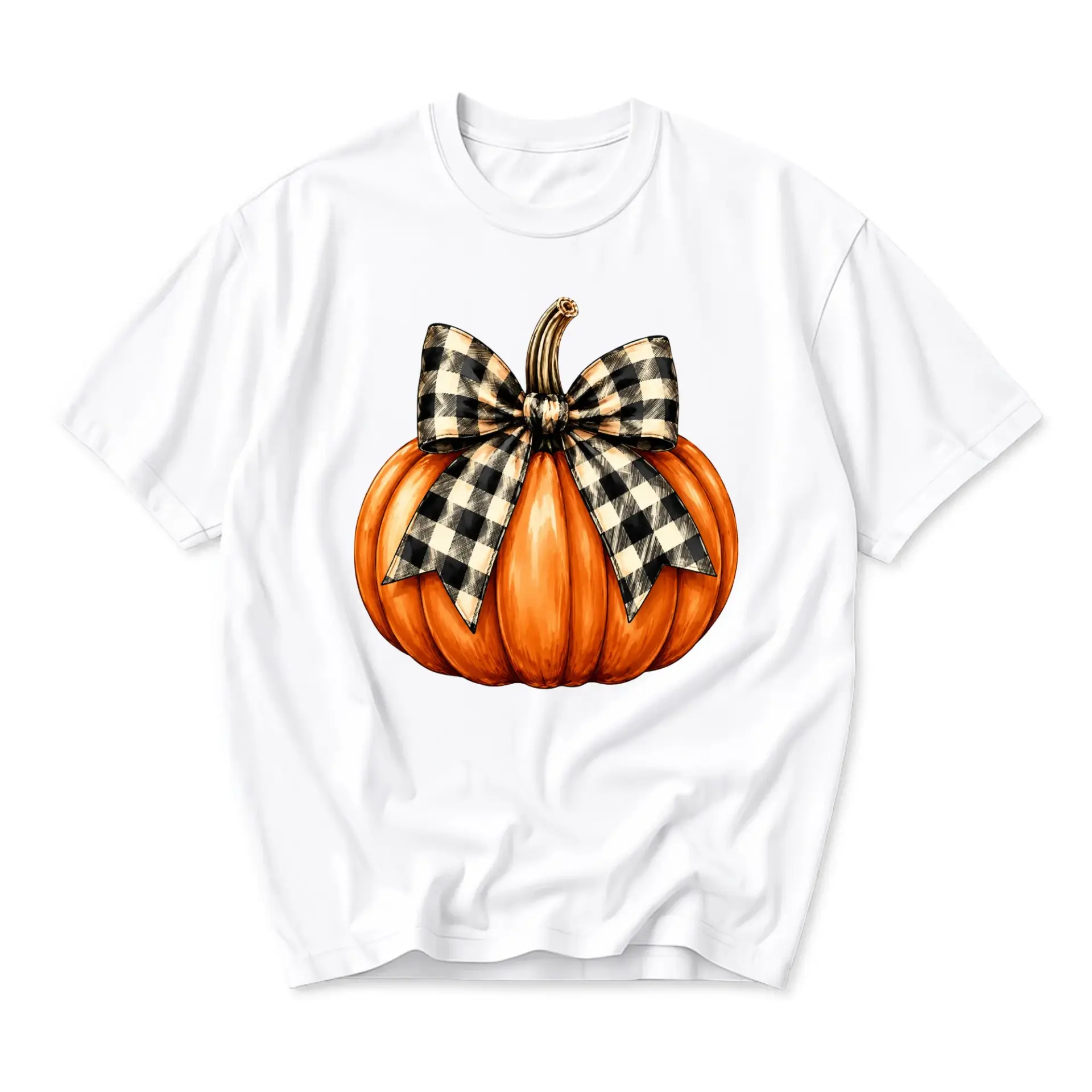 Graphic Tee Pumpkin with Plaid Bow Print Unisex Casual Crew Neck T-Shirt Soft Cotton Blend Everyday Seasonal Apparel