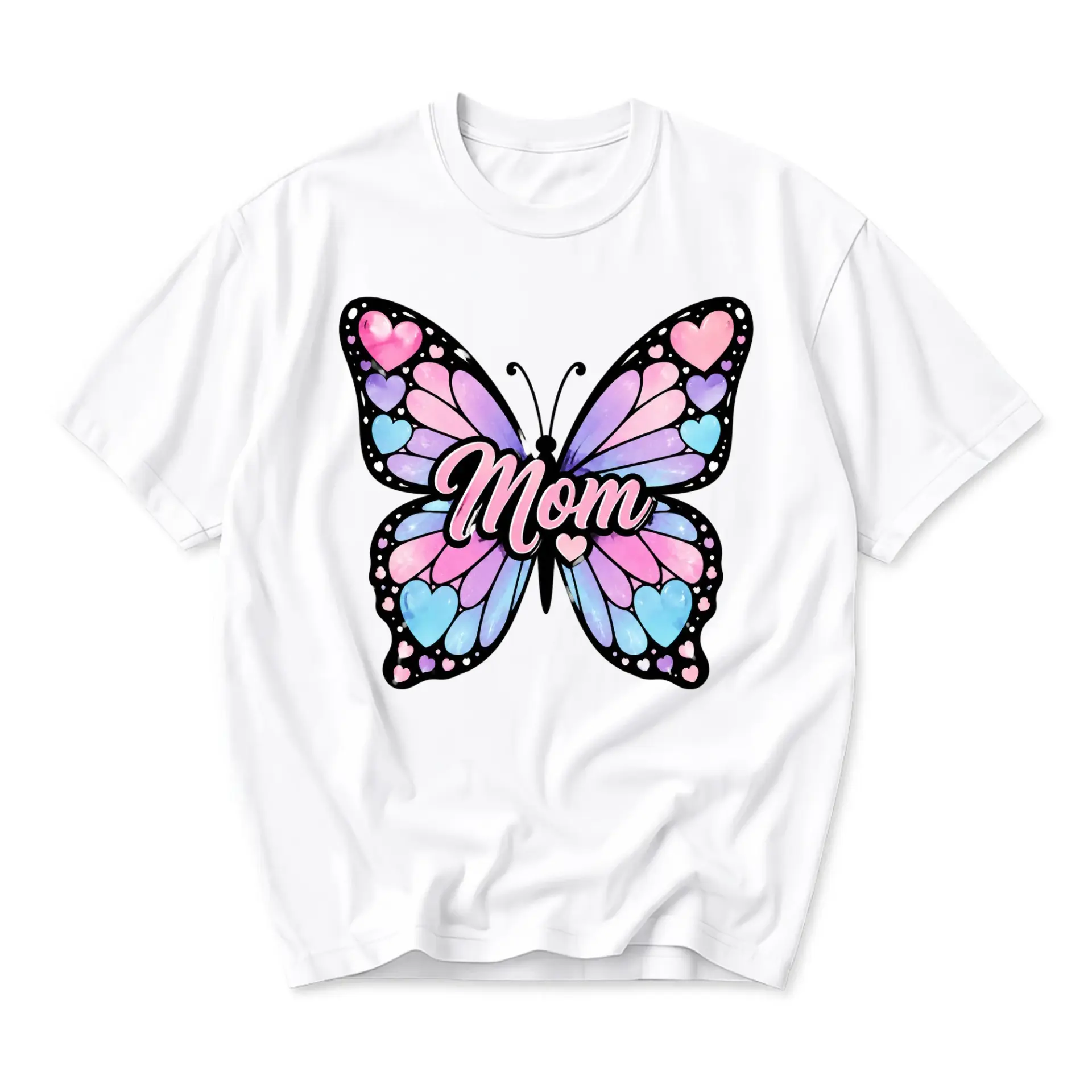 T-shirt Graphic Tee Featuring Pastel Butterfly and Mom Text Casual Unisex Crew Neck Top for Everyday Wear Style