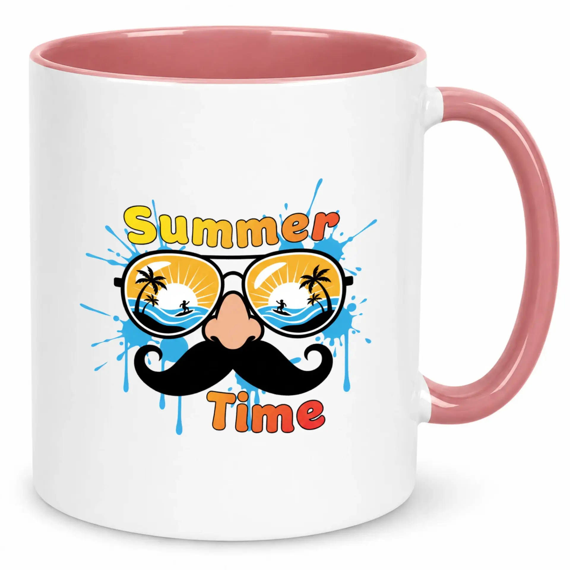 Funny Ceramic Coffee Mug with Summer Beach Vacation Design, Novelty Mustache and Sunglasses Art, 11 Oz or 15 Oz Drinkware Gift