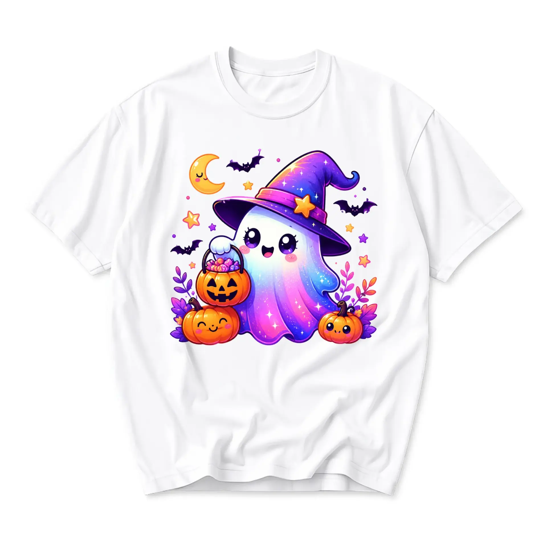 Graphic Tee Cute Ghost Wearing Witch Hat Halloween Costume Unisex Crew Neck Shirt for Casual Everyday Wear Fall Outfit