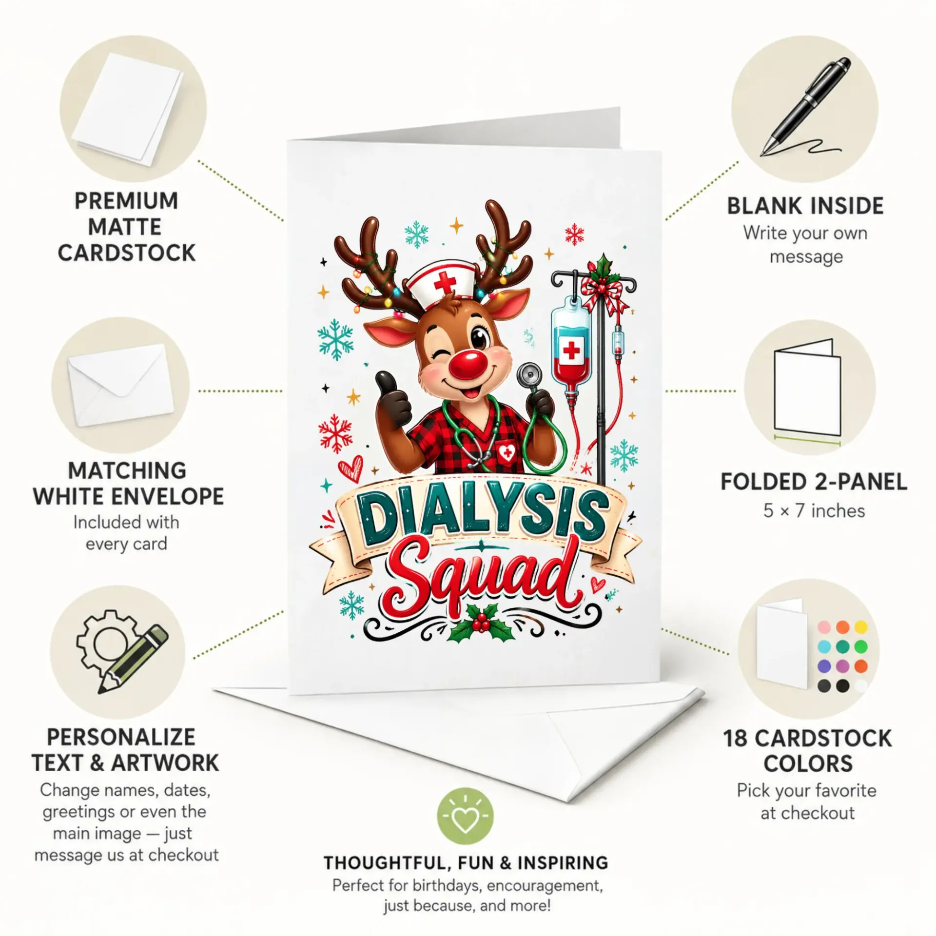 Funny Dialysis Squad Greeting Card for Medical Professionals, Cute Reindeer Nurse Holiday Card, 5x7 Folded Note