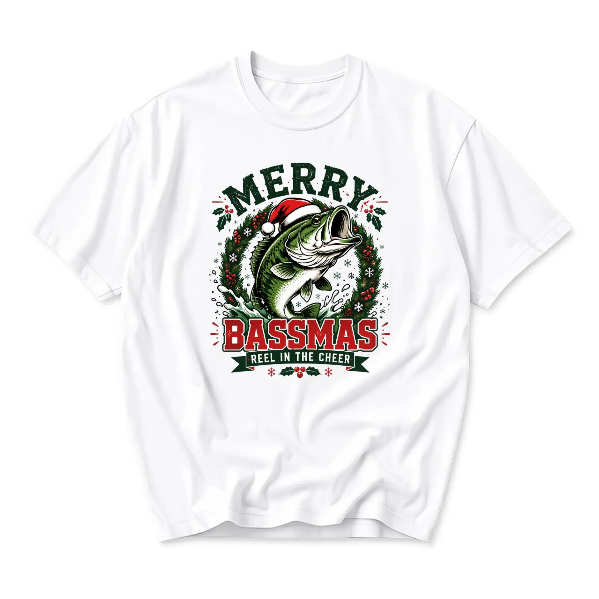 Funny Shirt Merry Bassmas Reel in the Cheer Graphic Tee Seasonal Holiday
