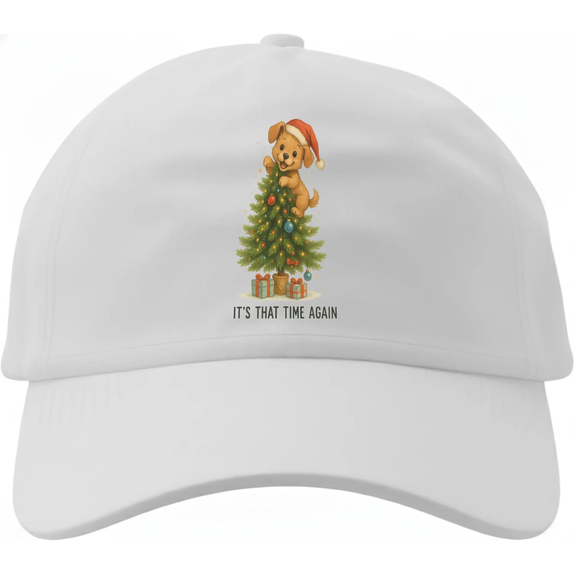Baseball Cap Featuring a Festive Puppy in a Santa Hat Decorating a Holiday Christmas Tree Design Casual Dad Hat