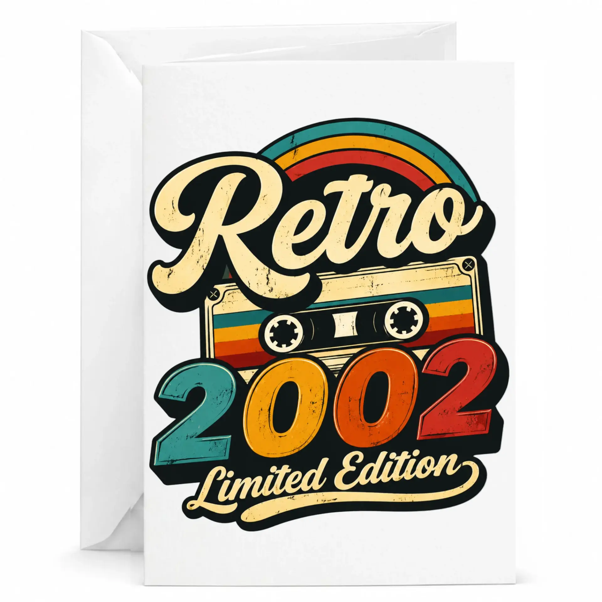 Birthday Card Retro 2002 Limited Edition Vintage Cassette Tape Graphic Printed Greeting Card with White Envelope