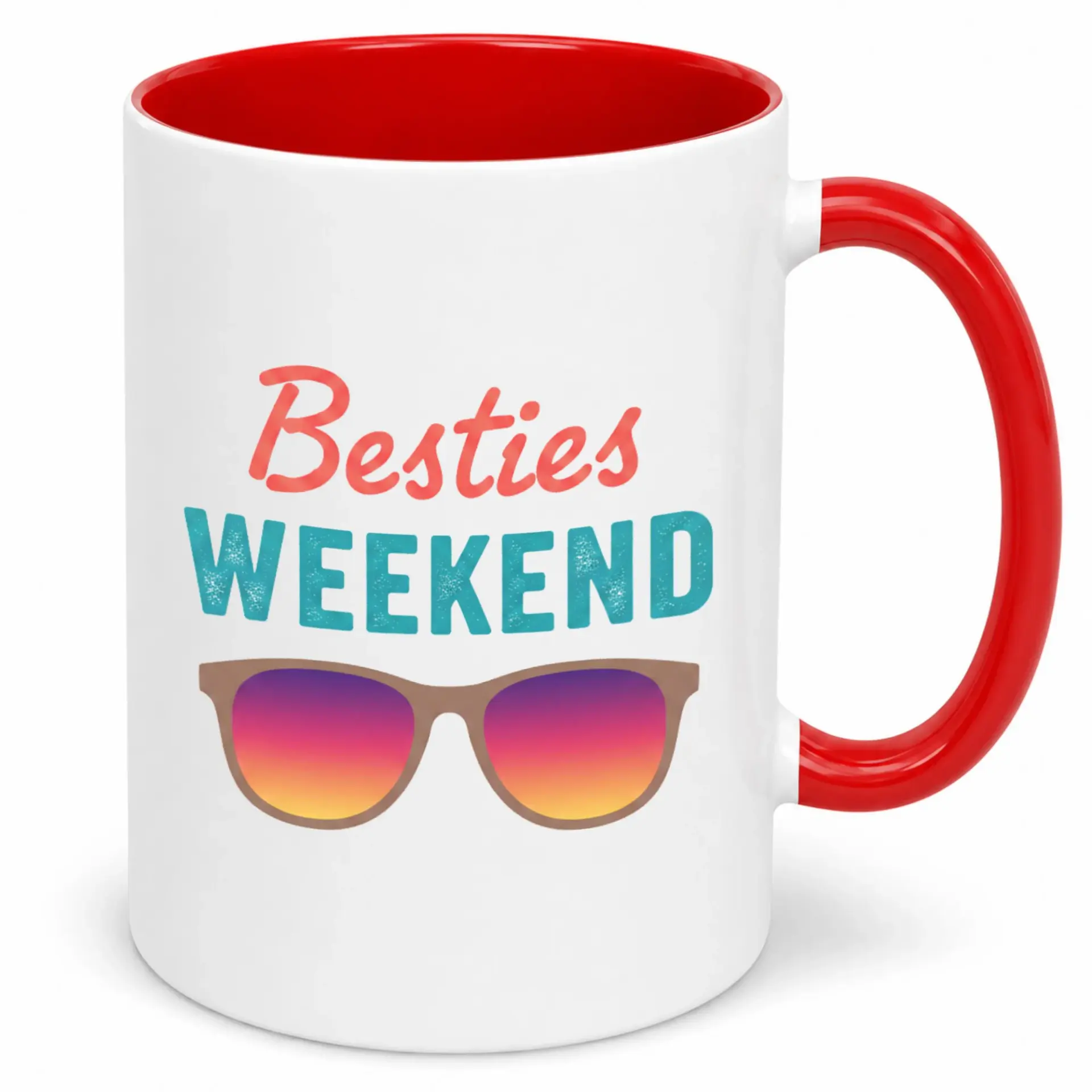 Besties Weekend Coffee Mug with Fun Gradient Sunglasses Design, Ceramic Tea Cup for Friends, Summer Vacation Vibes Gift for Her