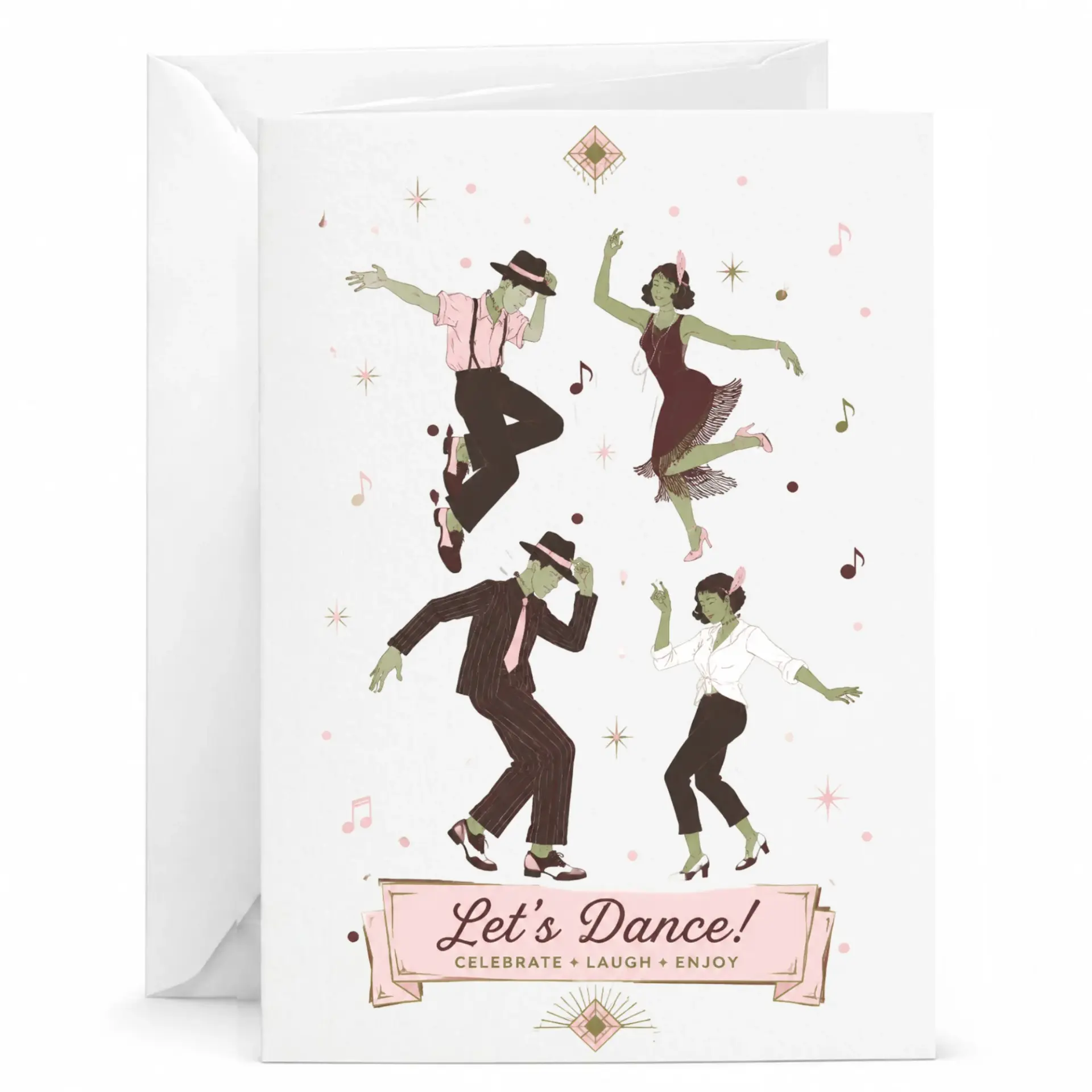 Greeting Card Dancing Illustration Folded Note for and Parties with Matching Envelope