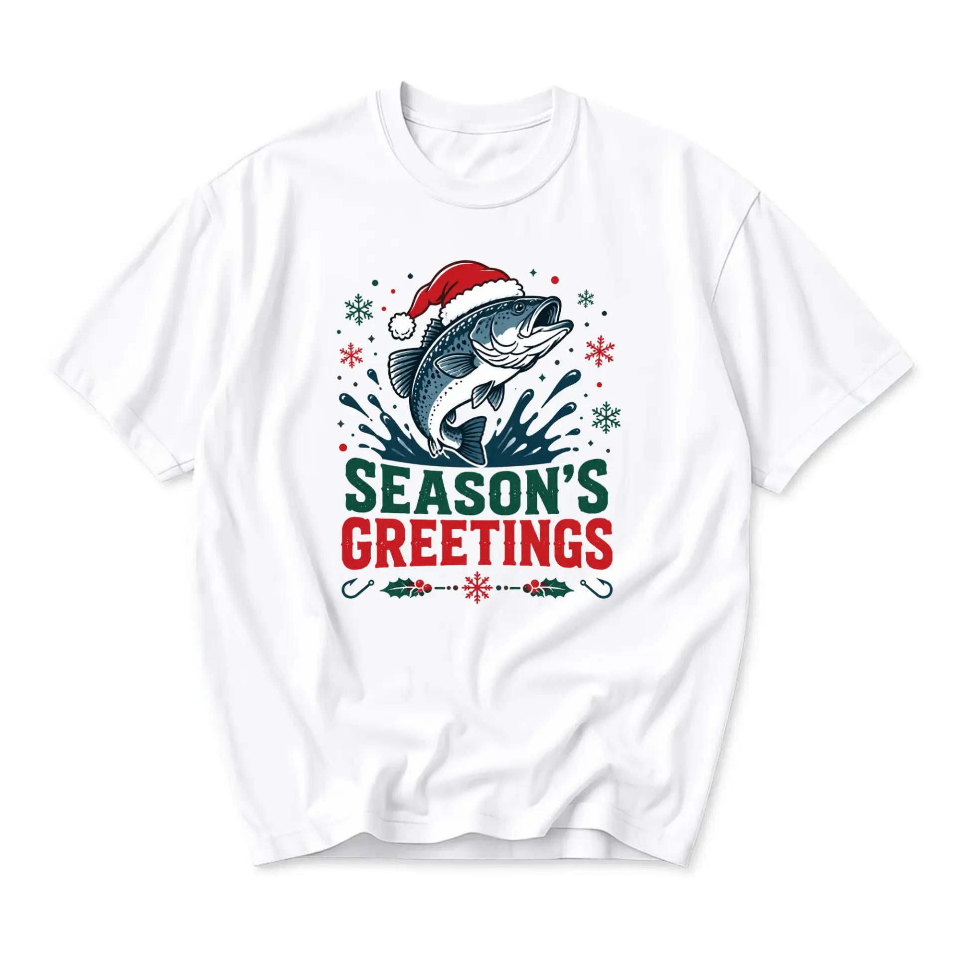 Funny Shirt Season's Greetings Fishing Graphic Tee Holiday Theme Unisex Crew Neck Casual Cotton Blend Apparel