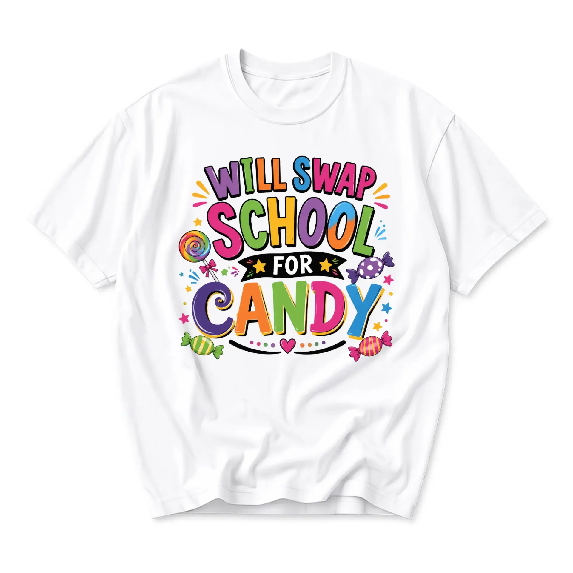 Funny Shirt Will Swap School for Candy Graphic Tee Unisex Casual Crew Neck Comfortable Soft Cotton Apparel White