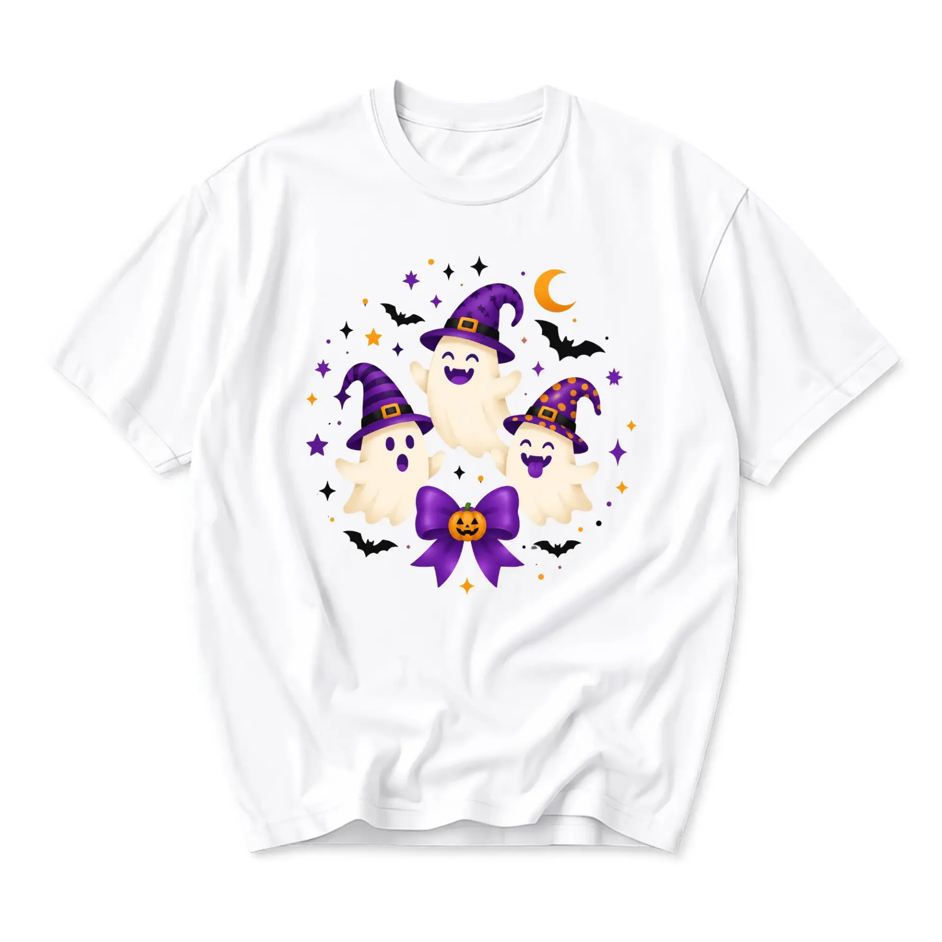 Graphic Tee Cute Ghosts with Witch Hats Halloween Illustration Unisex Short Sleeve Crew Neck Casual Cotton Shirt