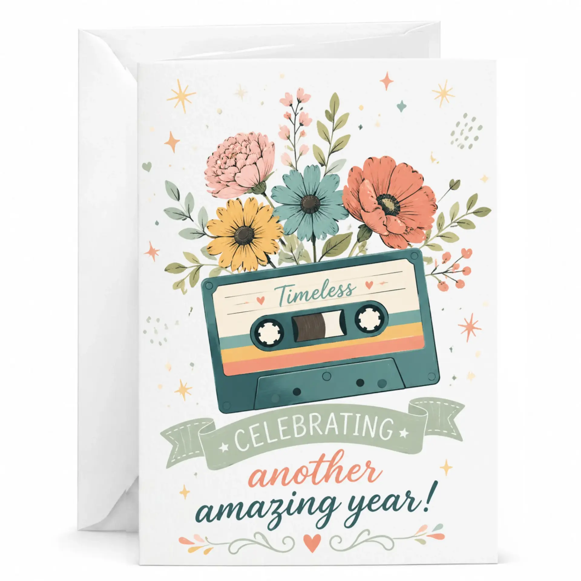 Greeting Card Timeless Cassette Tape Floral Art Celebrating Another Amazing Year Birthday Greeting Card with Envelope