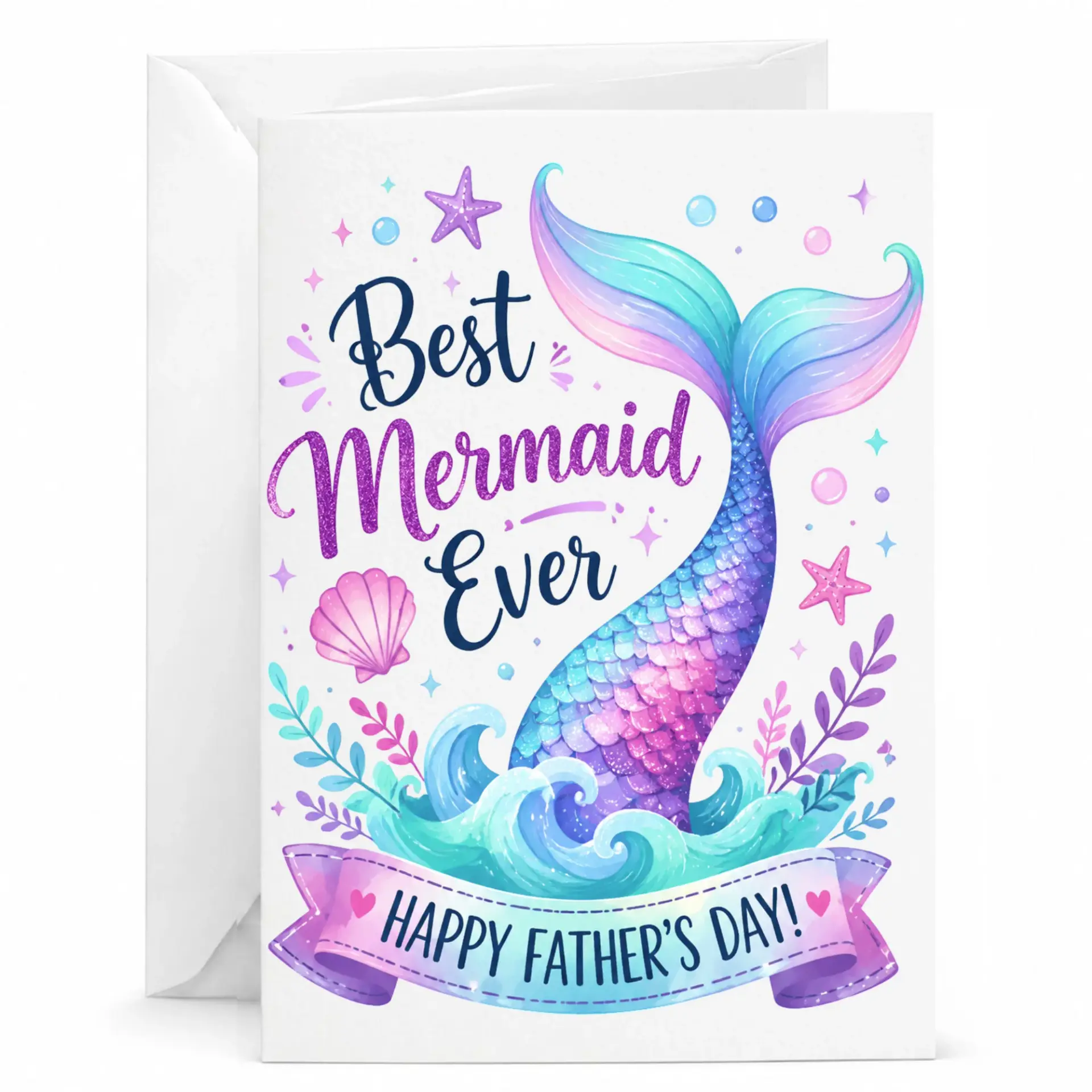 Funny Mermaid Father's Day Card with Envelope Best Ever Greeting for Dad 5x7 Folded Note