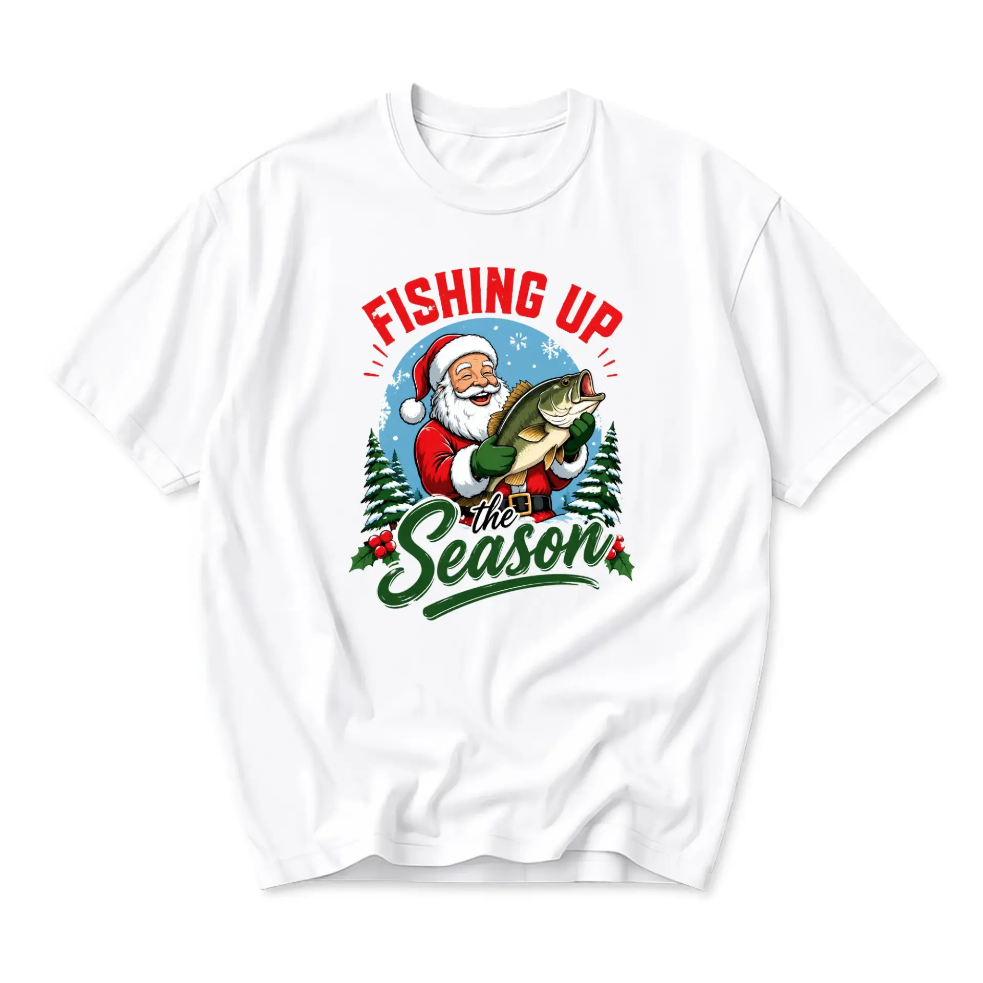 Funny Shirt Fishing up the Season Graphic Tee Holiday Santa Claus Fisherman
