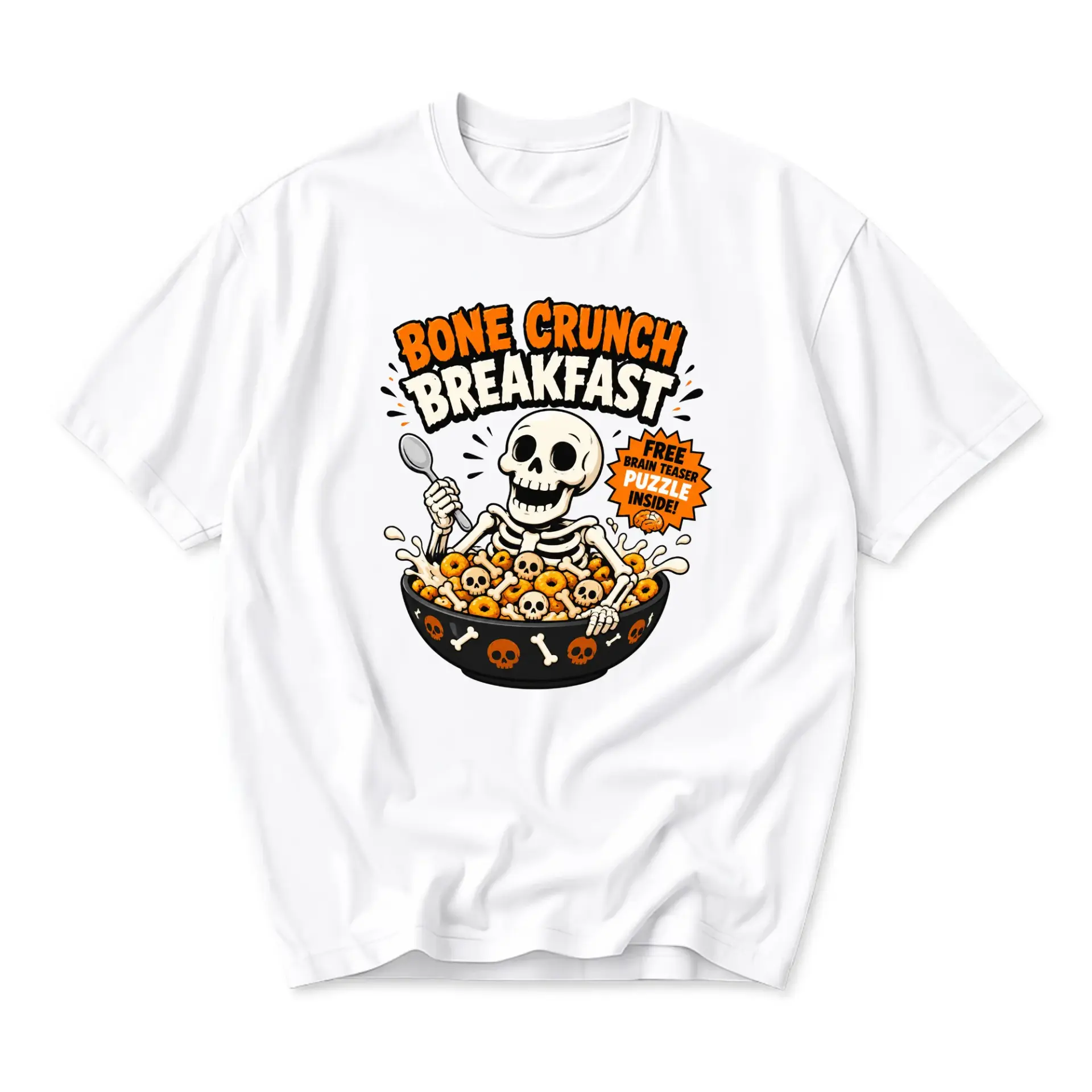 Graphic Tee Bone Crunch Breakfast Skeleton Bowl Unisex Crew Neck Short Sleeve Casual Fashion Cotton T-Shirt White