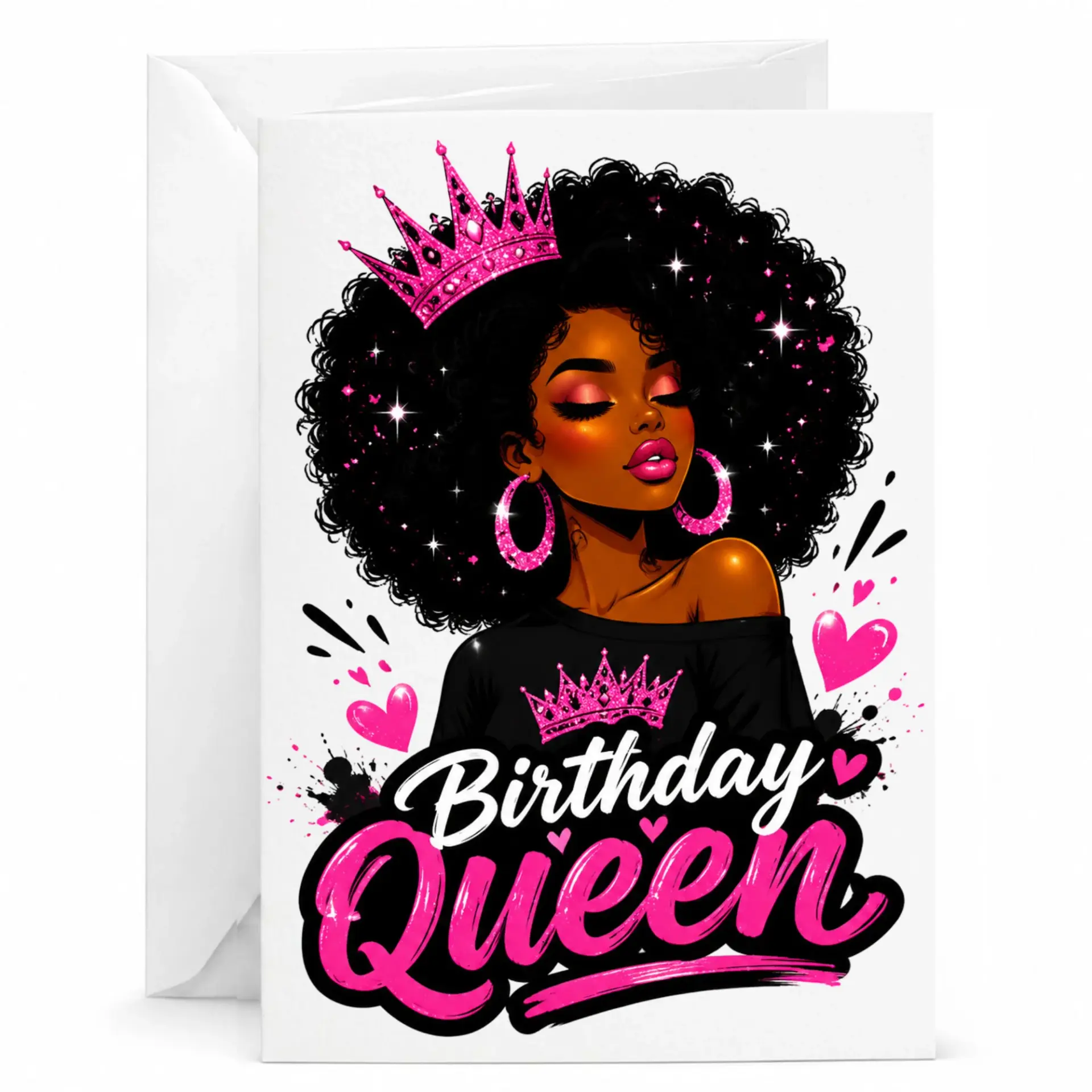Birthday Queen Greeting Card for Her, Beautiful Afrocentric Illustrative Art Design, 5x7 Folded Stationery Card