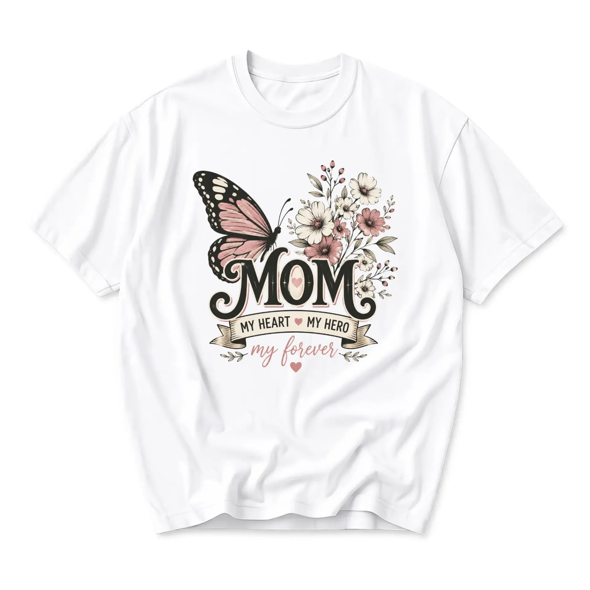 Graphic Tee Mom My Heart My Hero My Forever Butterfly Floral Design Casual Unisex Crew Neck Short Sleeve Shirt