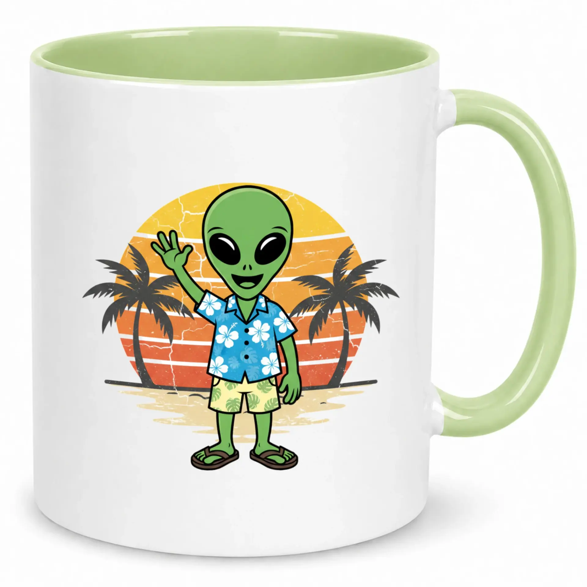Funny Alien Vacation Ceramic Coffee Mug with Tropical Sunset Palm Trees Design, Humorous Green Alien Fan Gift Drinkware