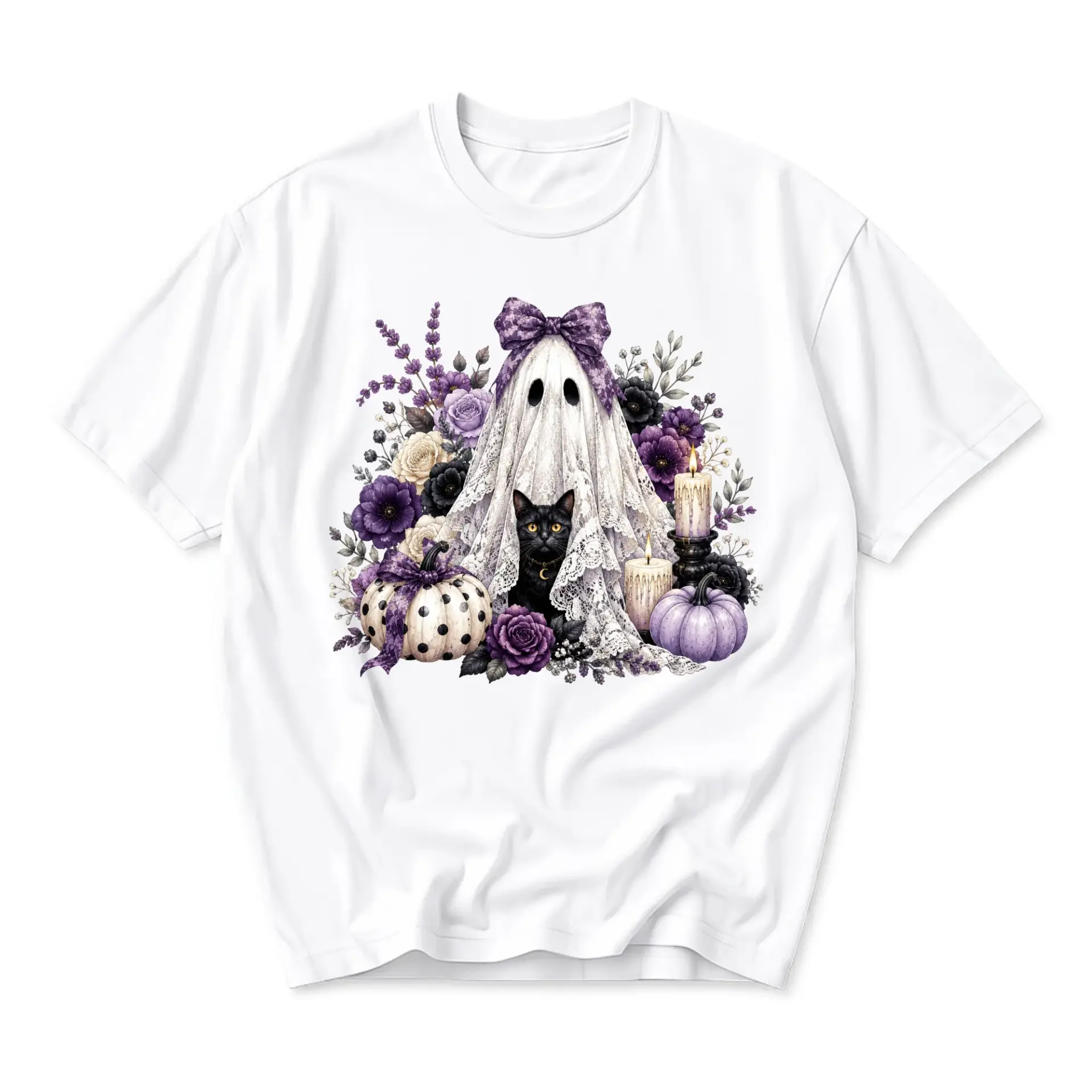 Graphic Tee Unisex Crew Neck T-Shirt Featuring a Floral Ghost and Black Cat Illustration for Casual Everyday Wear