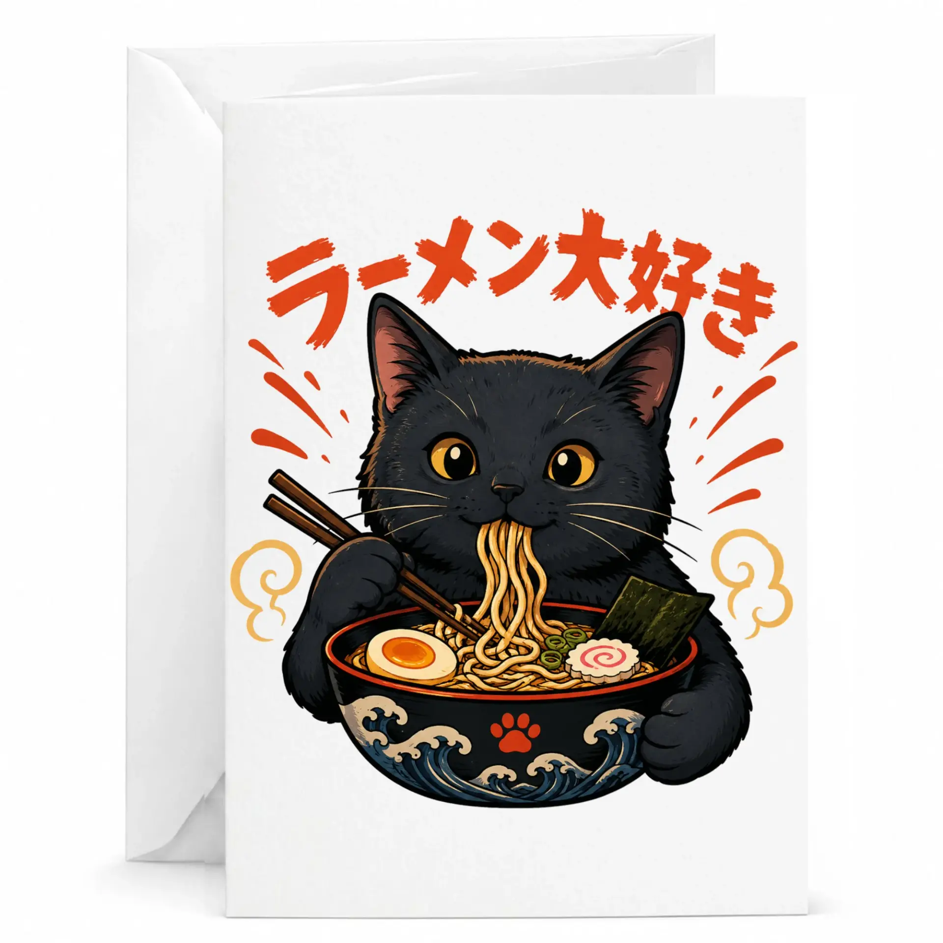 Greeting Card with Cute Black Cat Eating Ramen Noodles Illustration Funny Japanese for Any Occasion