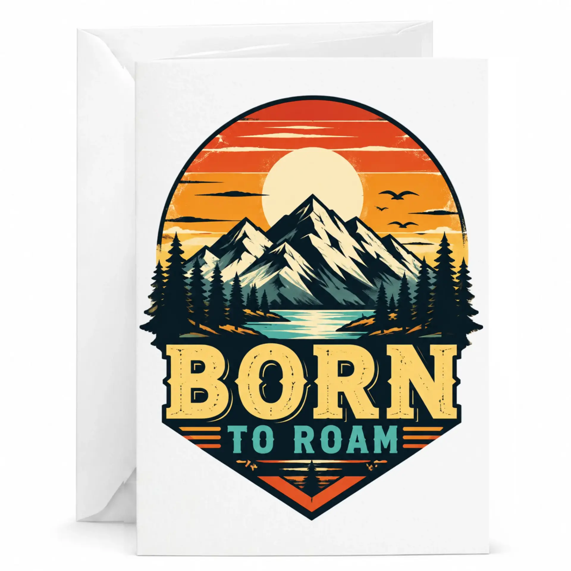 Greeting Card Born to Roam Mountain Nature Adventure Design Scenic Outdoor Landscape Illustration Folded Stationery