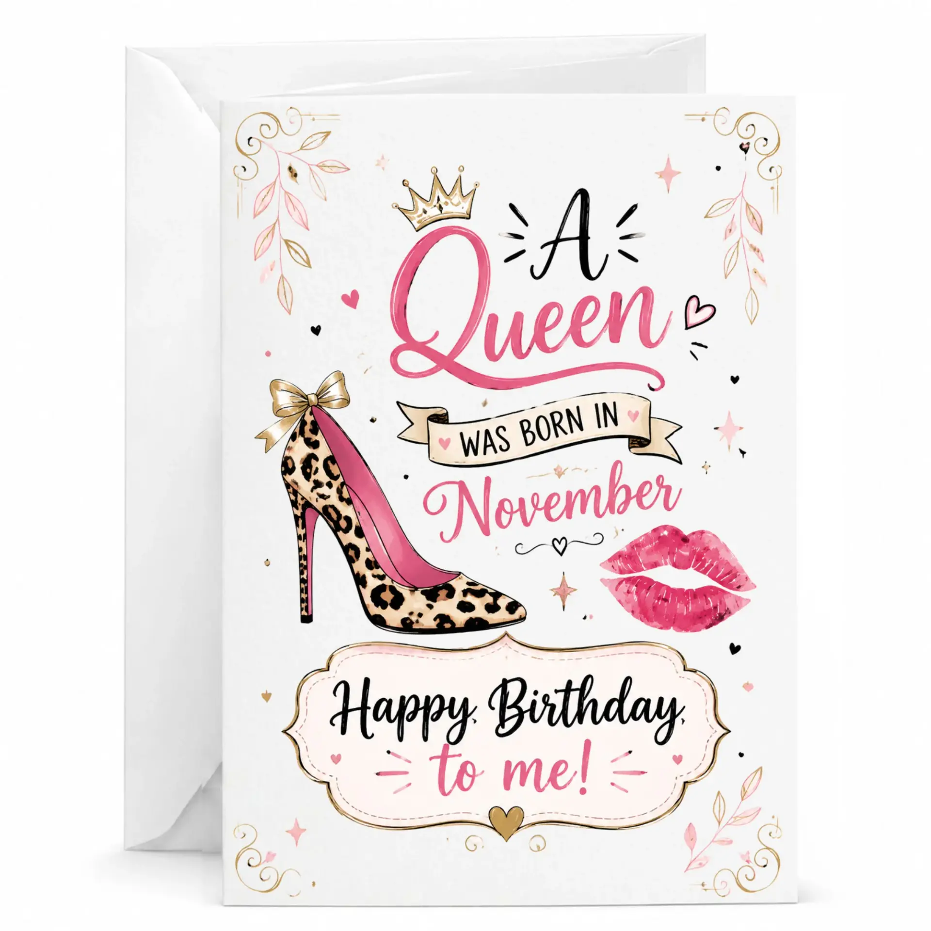 Greeting Card a Queen Was Born in November Birthday Card Featuring Leopard Print Stiletto Shoe Design and Pink Accents