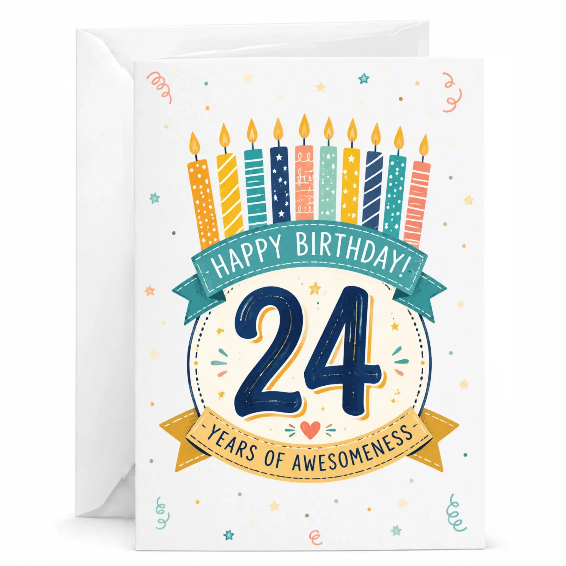 Birthday Card for 24th Birthday Celebration Colorful Illustrated Number Twenty Four Greeting Card with White Envelope