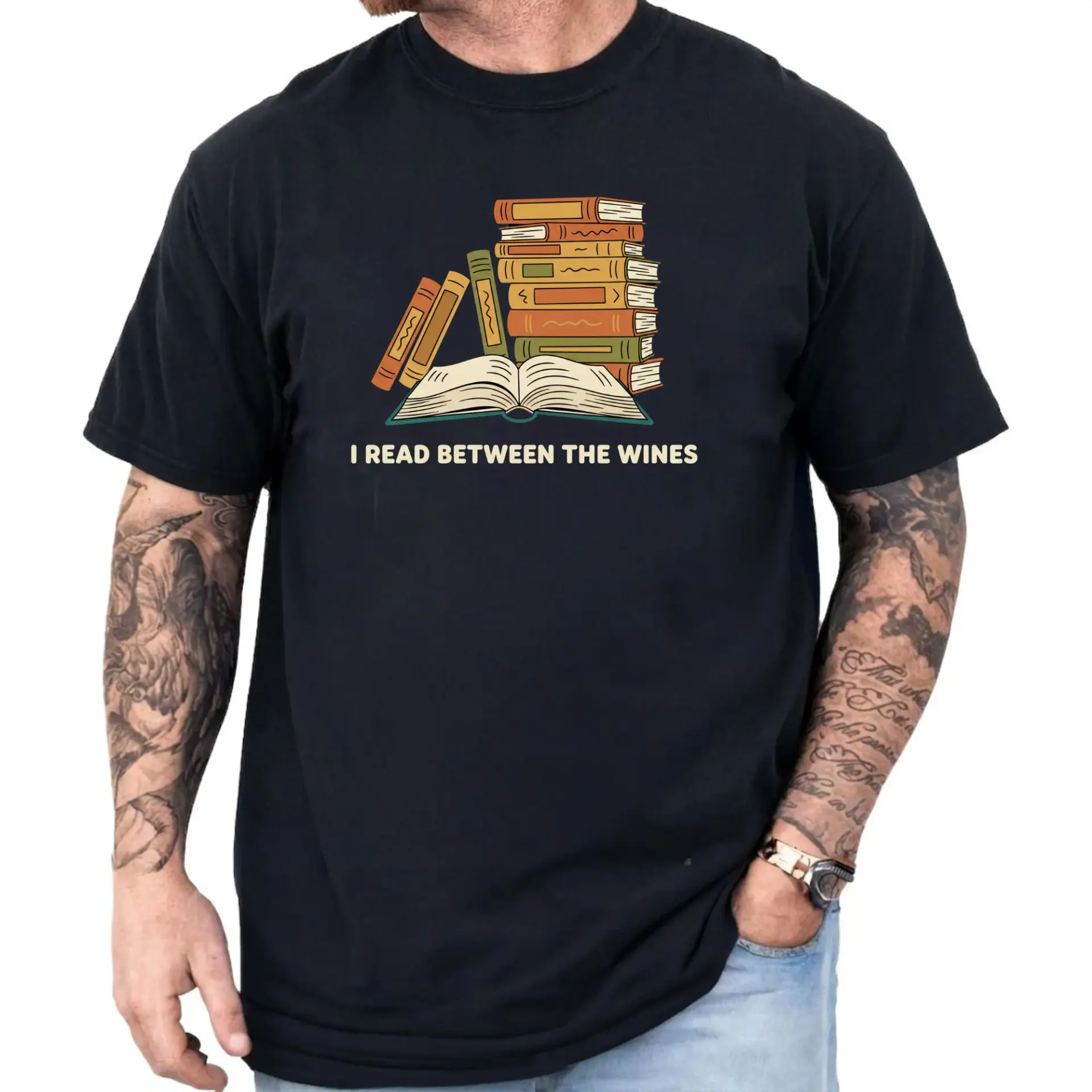 Funny T-Shirt I Read Between the Wines Graphic Tee Book Lover Enthusiast Apparel for Casual Everyday Outfit Wear