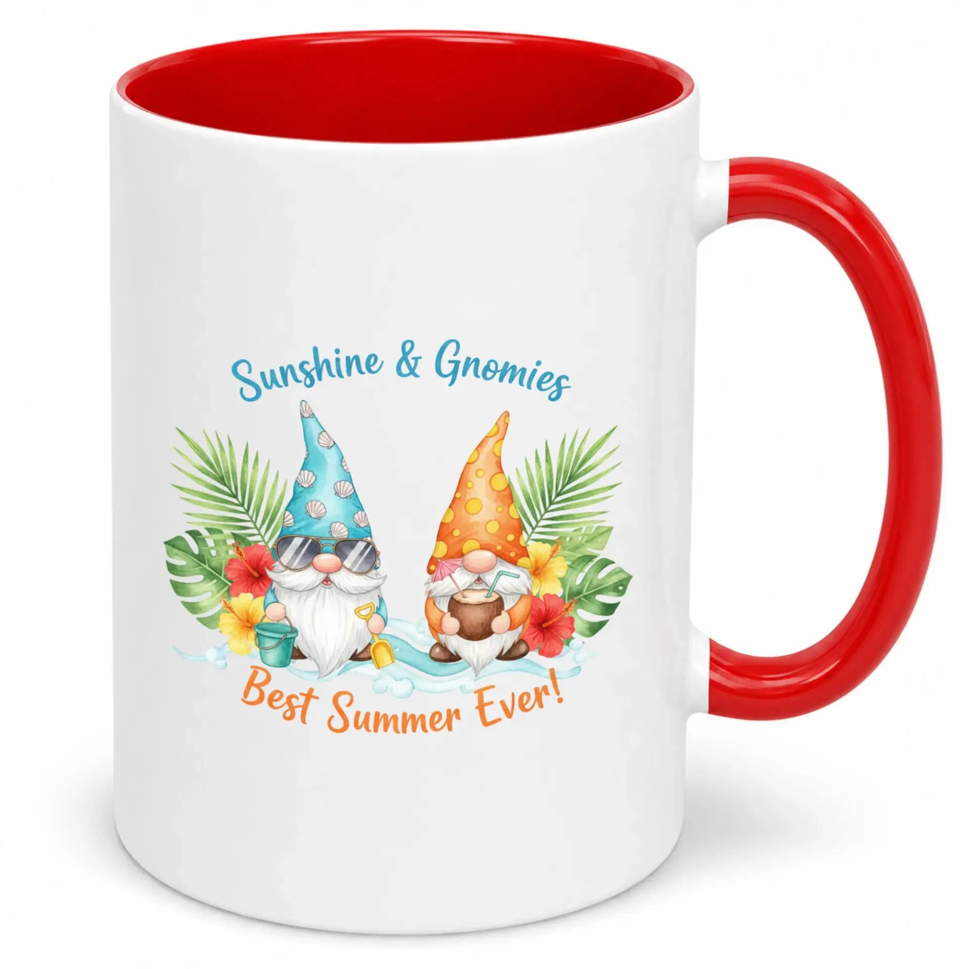 Funny Summer Gnomes Coffee Mug, White Ceramic Beverage Cup with Red Handle and Vacation Design, Novelty Gift for Beach Lovers