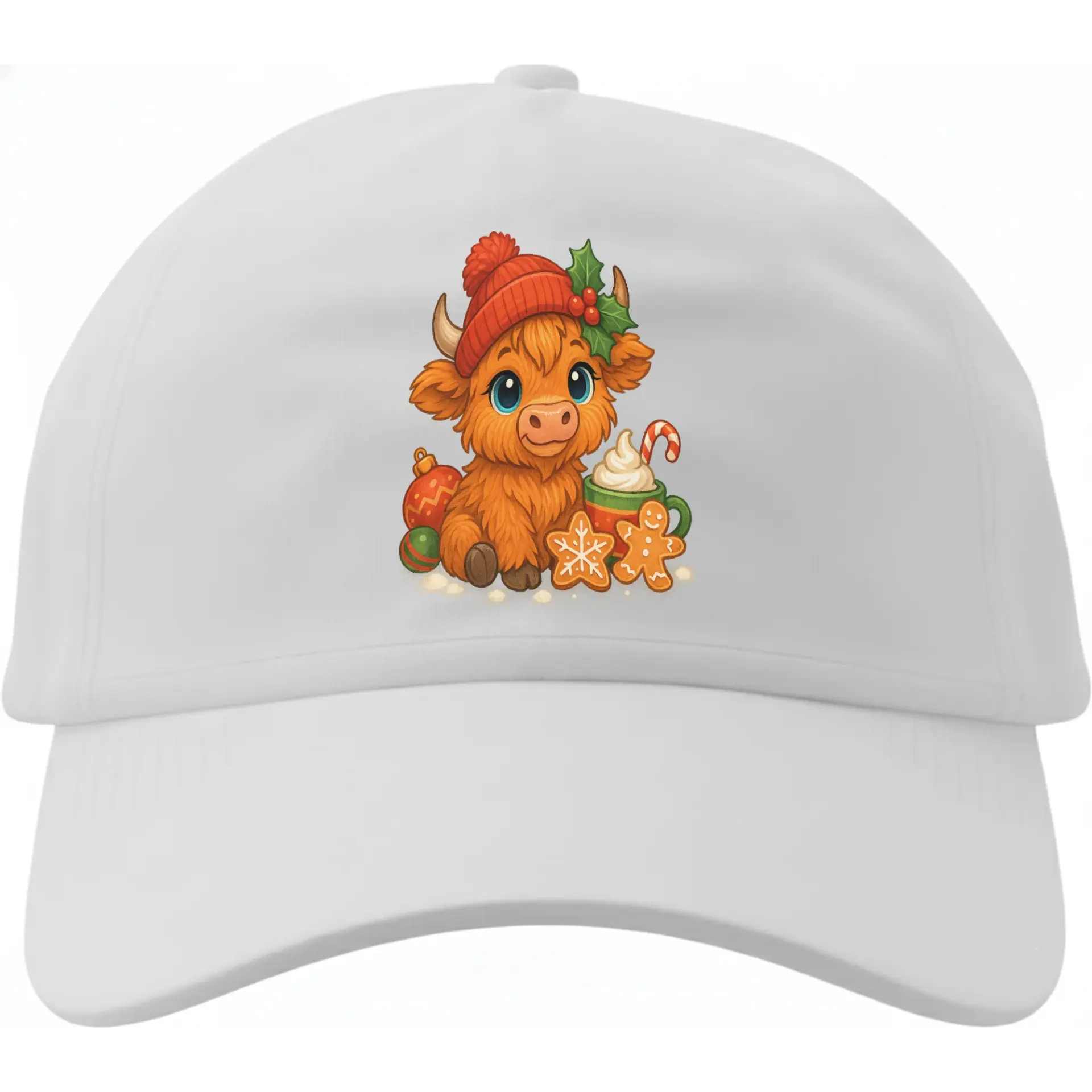 Baseball Cap Featuring Cute Highland Cow Graphic with Holiday Festive Elements for Casual Everyday Wear and Sun Protection