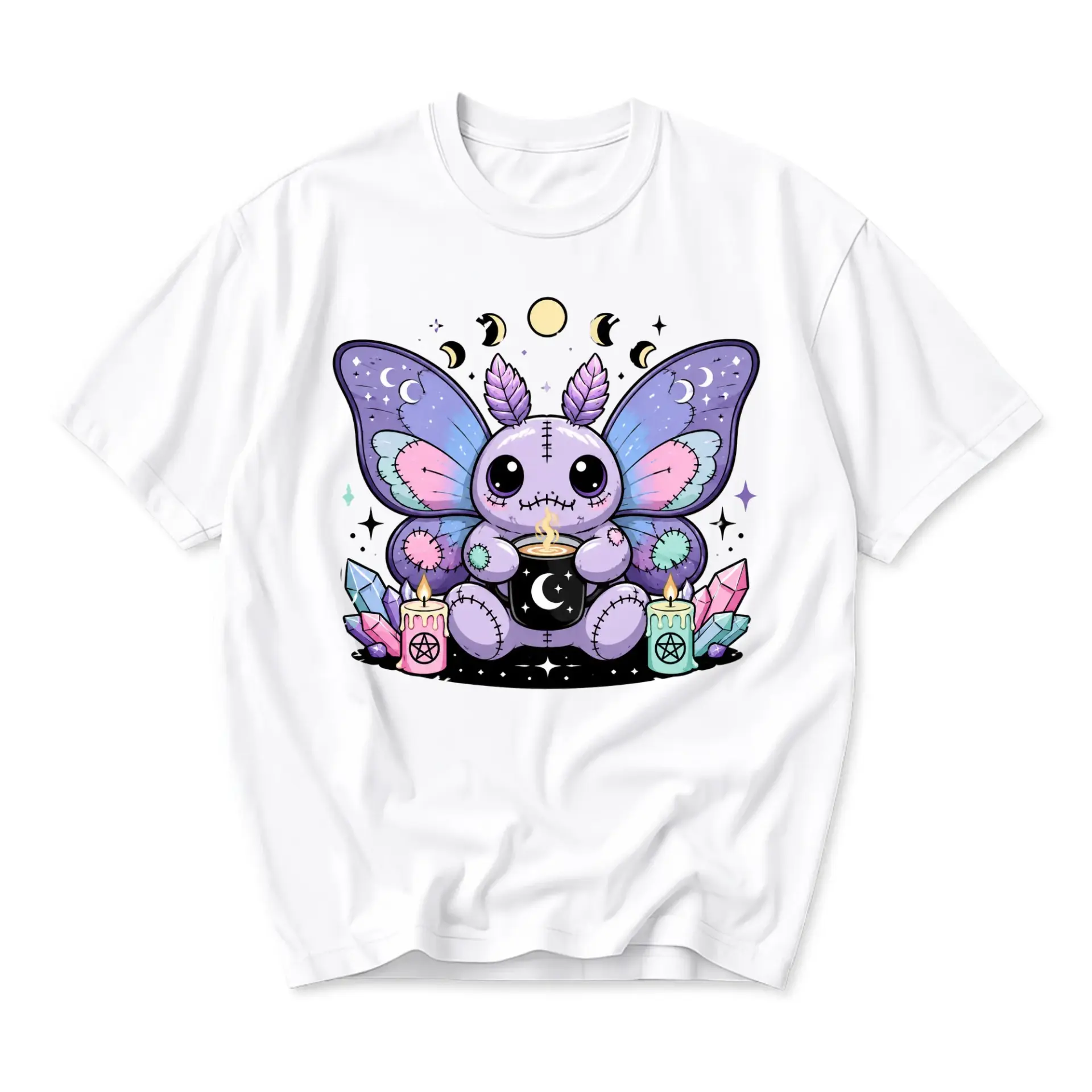 Graphic Tee Celestial Moth Plushie Shirt Pastel Goth Aesthetic Apparel Witchy Moon Phase Casual Unisex Crew Neck Top