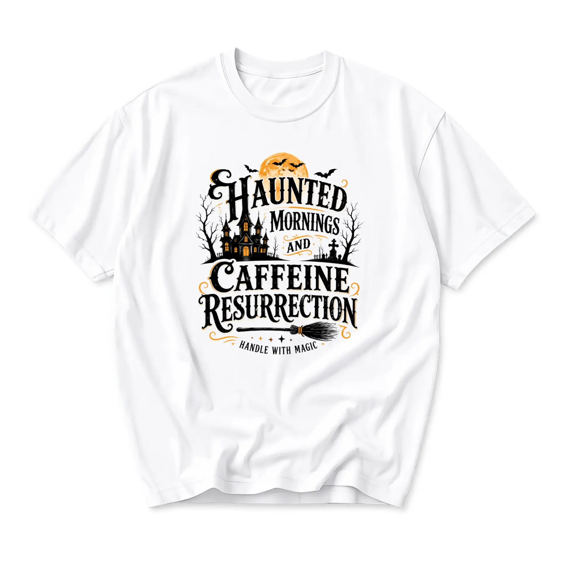 Funny Shirt Haunted Mornings and Caffeine Resurrection Graphic Tee Comfortable Cotton Blend Everyday Casual Top