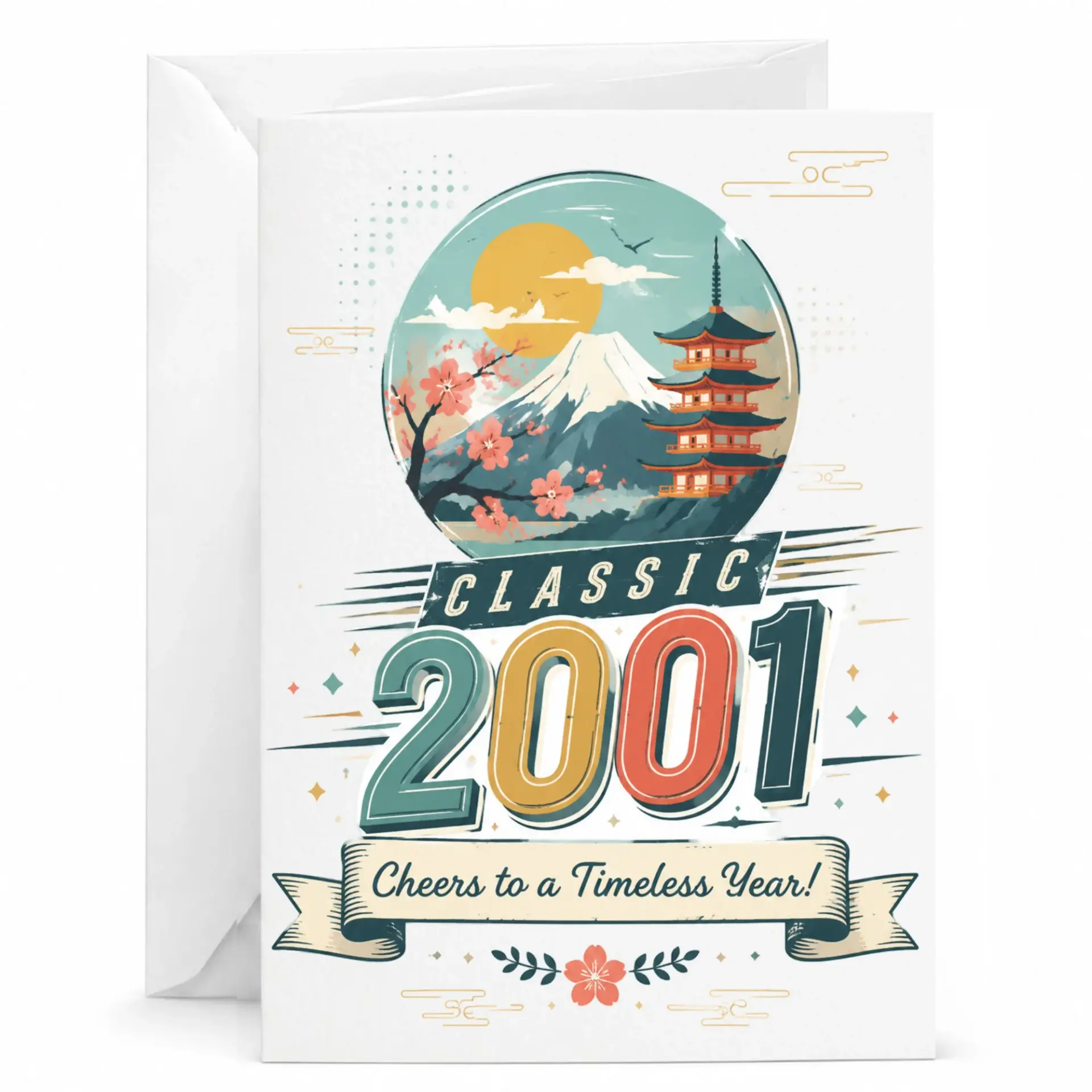 Birthday Card Classic 2001 Vintage Style Greeting Card Featuring Japanese Mountain Landscape and Pagoda Architecture