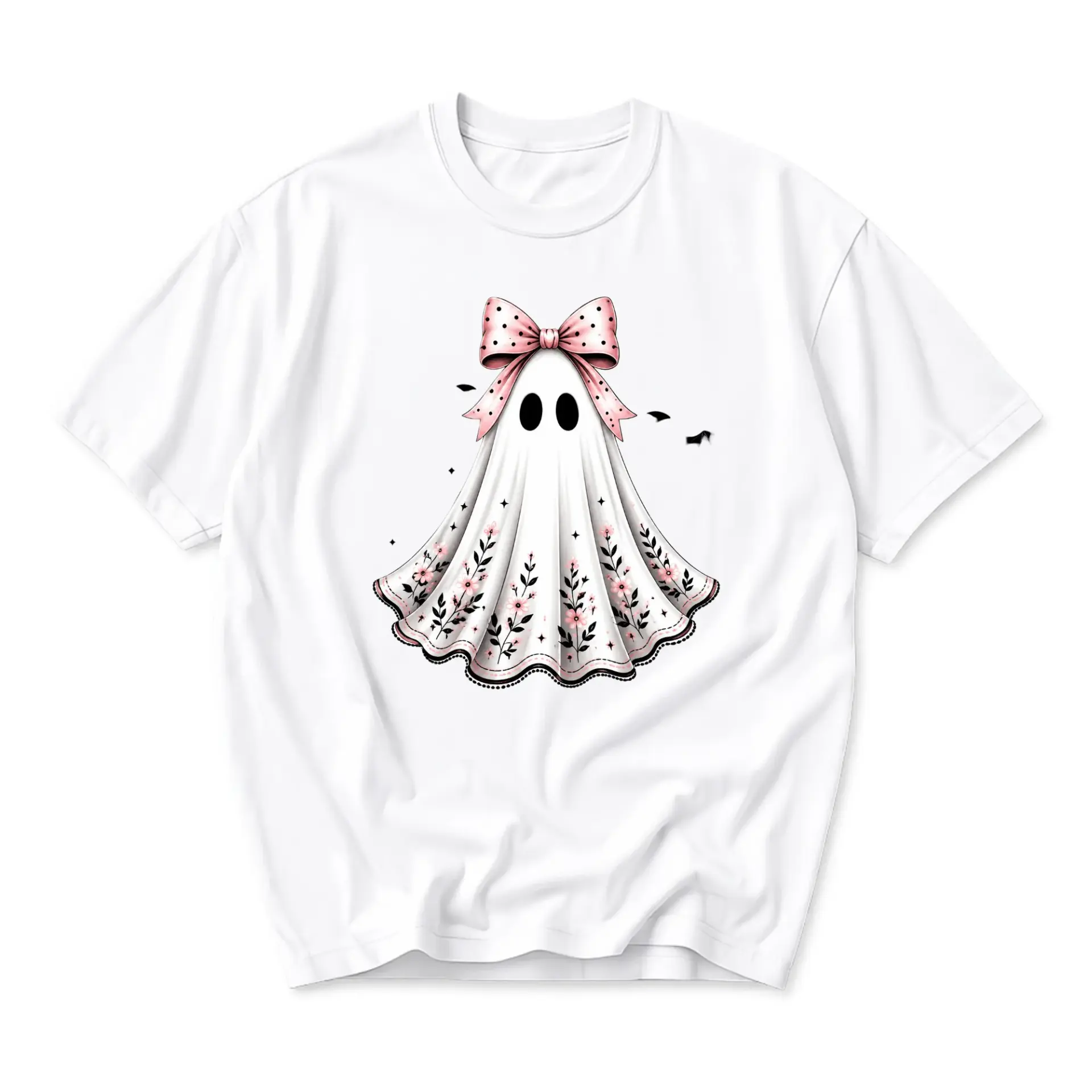 Graphic Tee Cute Floral Ghost with Pink Polka Dot Bow Print Unisex Casual Crew Neck Short Sleeve Cotton Blend Shirt