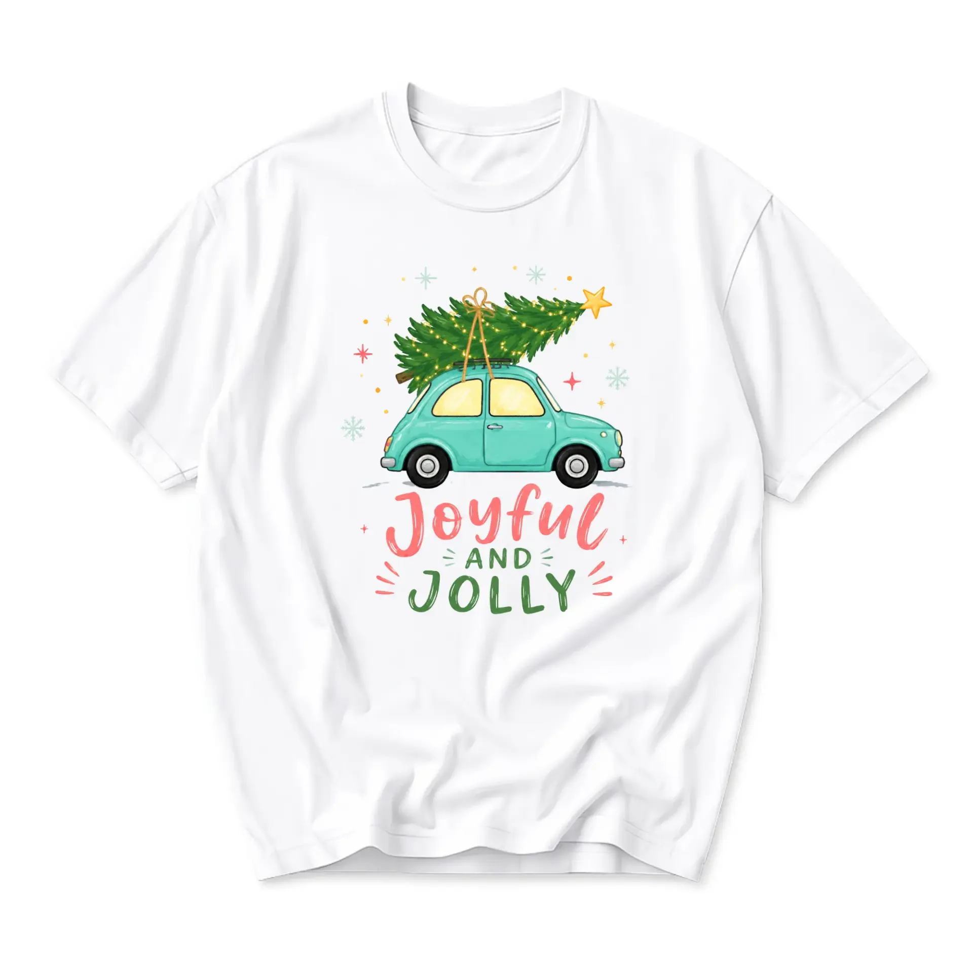 Graphic Tee Joyful and Jolly Holiday Car Print Unisex Casual Short Sleeve Crew Neck Cotton Blend Shirt White