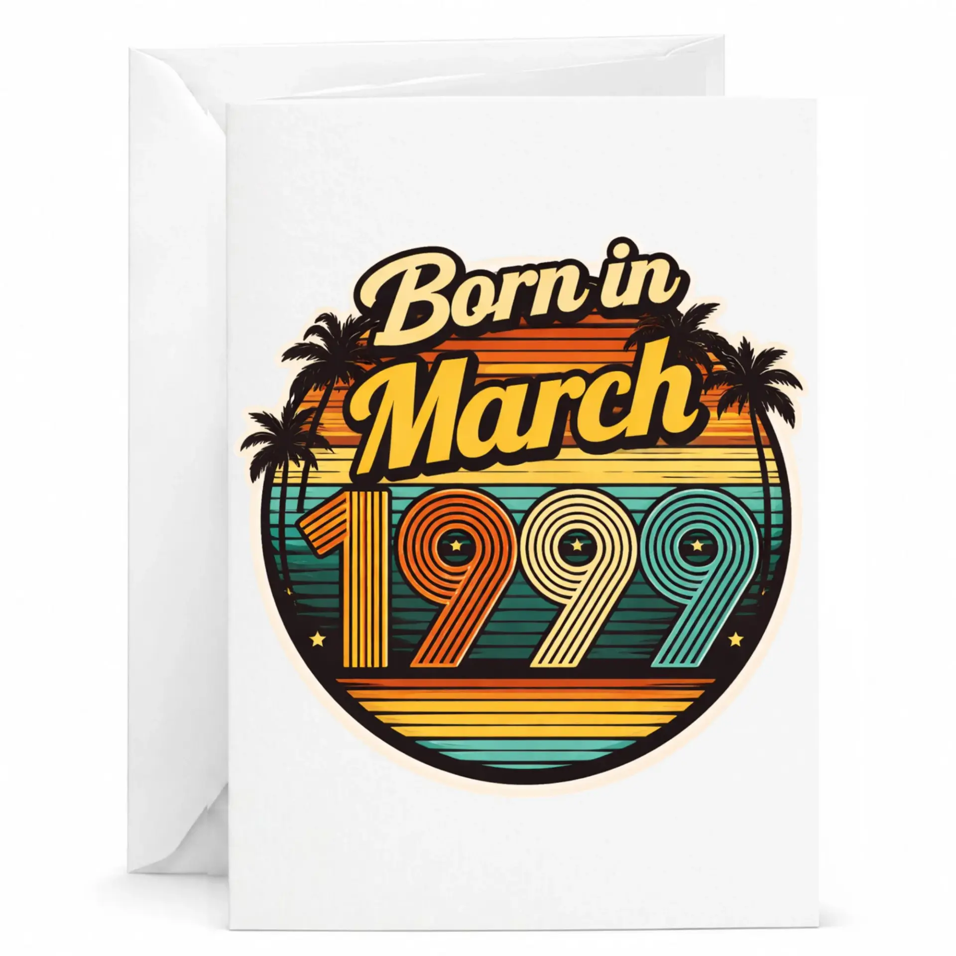 Greeting Card Born in March 1999 Vintage Style Birthday Card Retro Sunset Palm Tree Design 5x7 Folded Note Card