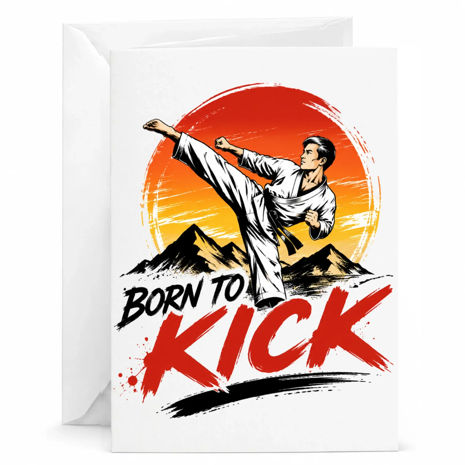 Funny Martial Arts Greeting Card Born to Kick Karate Judo Taekwondo Sports Themed Folded Note Card for Any Occasion