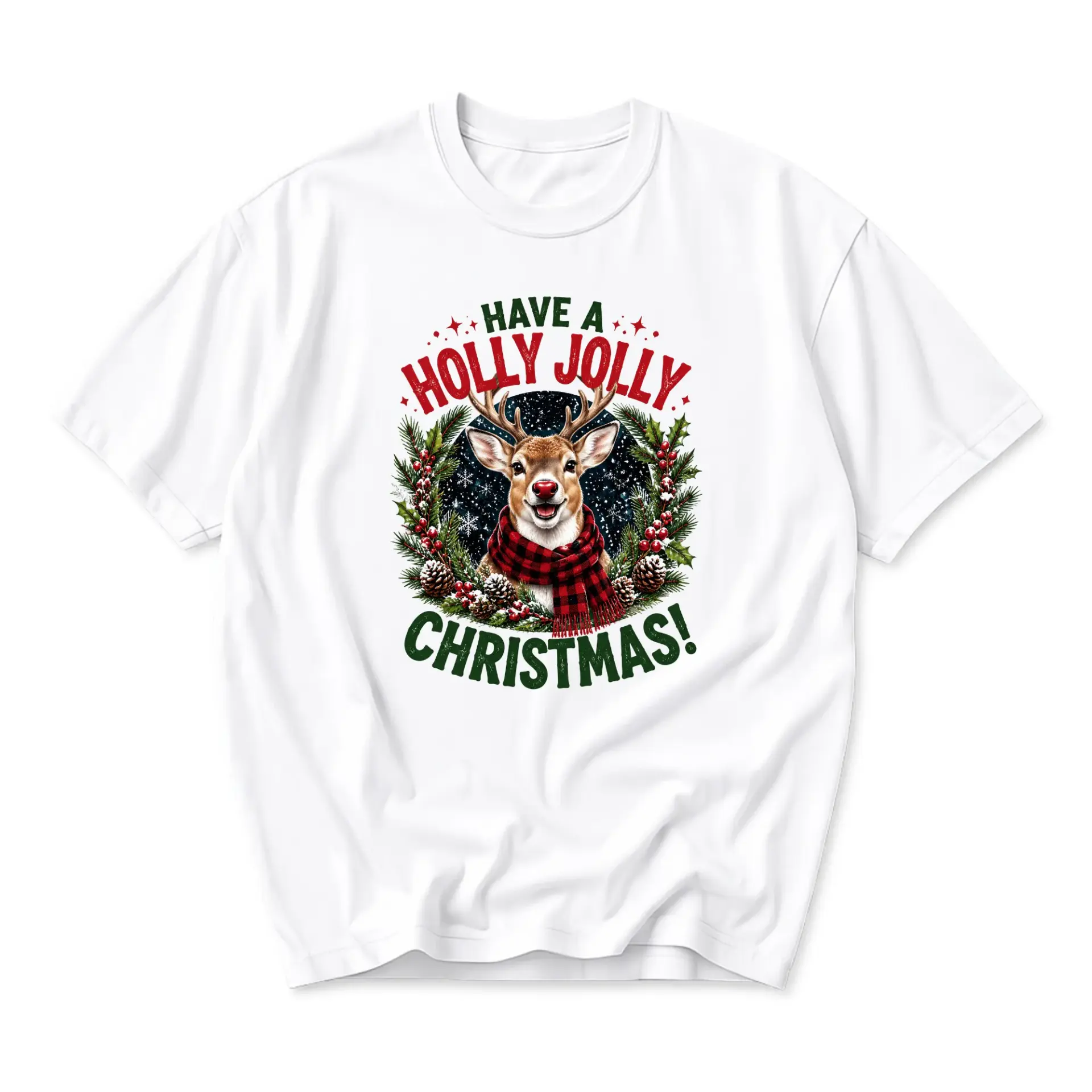 Graphic Tee Holly Jolly Christmas Reindeer Print Unisex Crew Neck Shirt for Seasonal Casual Everyday Wear
