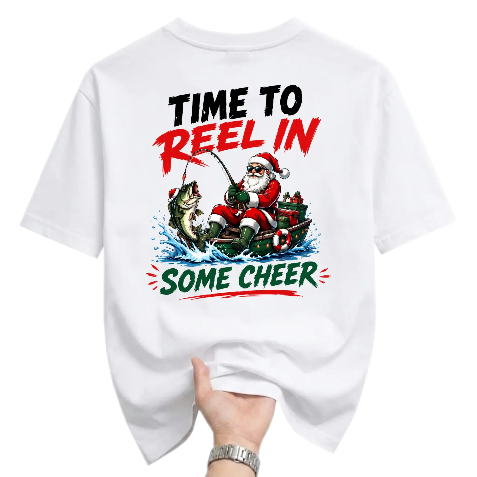 Funny Shirt Time to Reel in Some Cheer Santa Fishing Graphic Tee Holiday