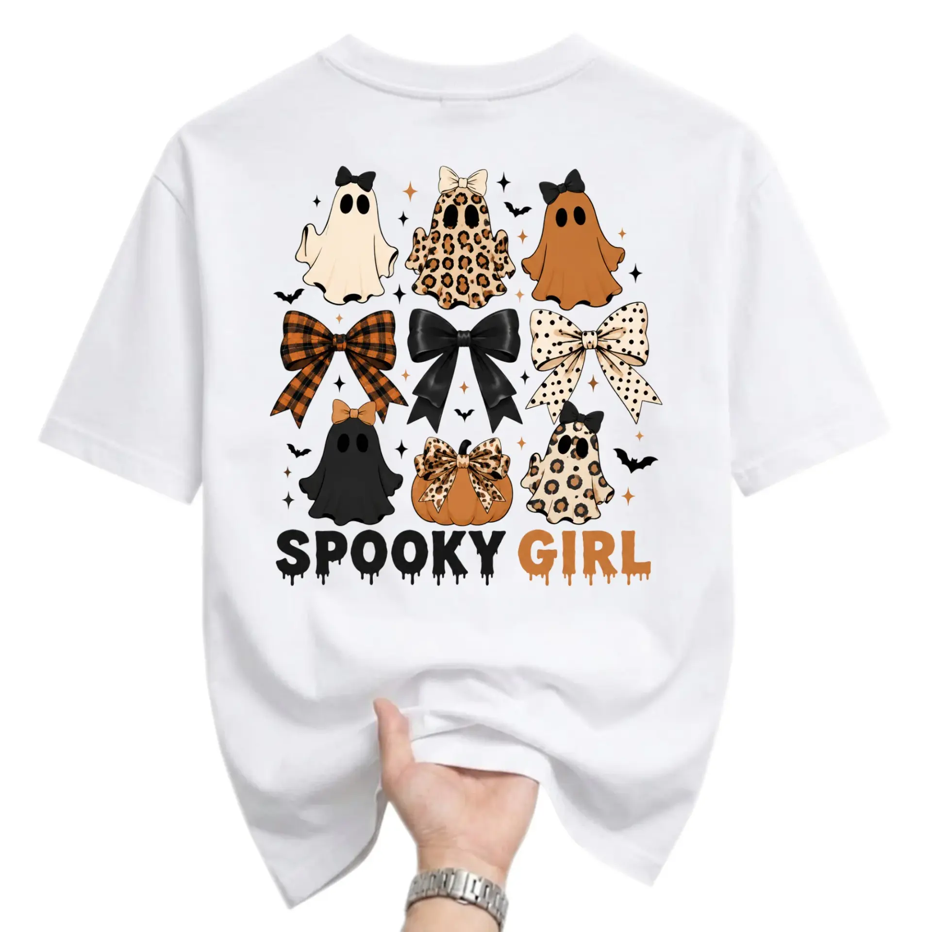 Graphic Tee Spooky Girl Shirt with Ghost Pumpkin and Bow Prints Cute Aesthetic Fall Seasonal Apparel Casual Short Sleeve