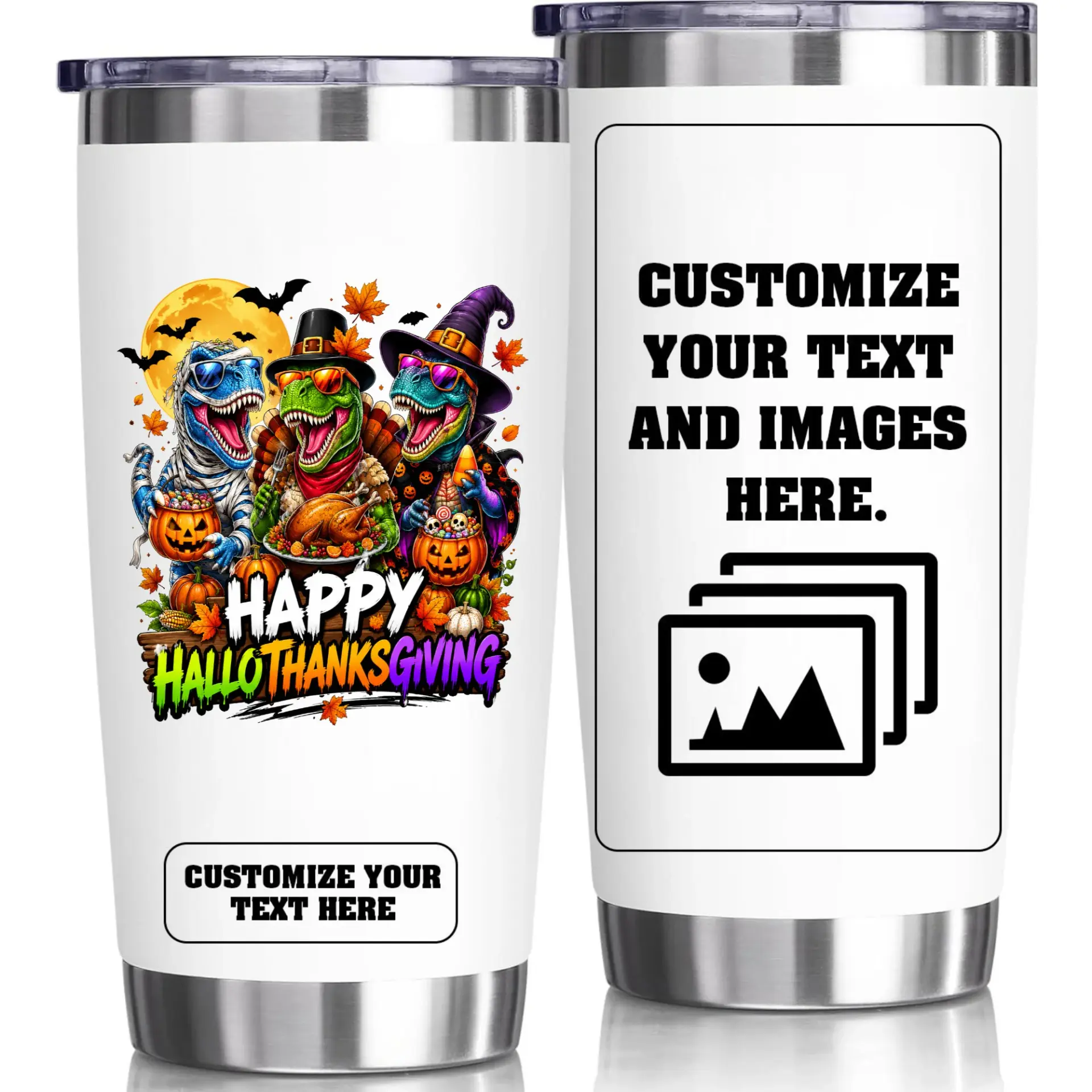 Stainless Steel Tumbler 20 Oz Custom Personalized Holiday Dinosaur Graphic Insulated Travel Cup for Coffee Tea Drinks