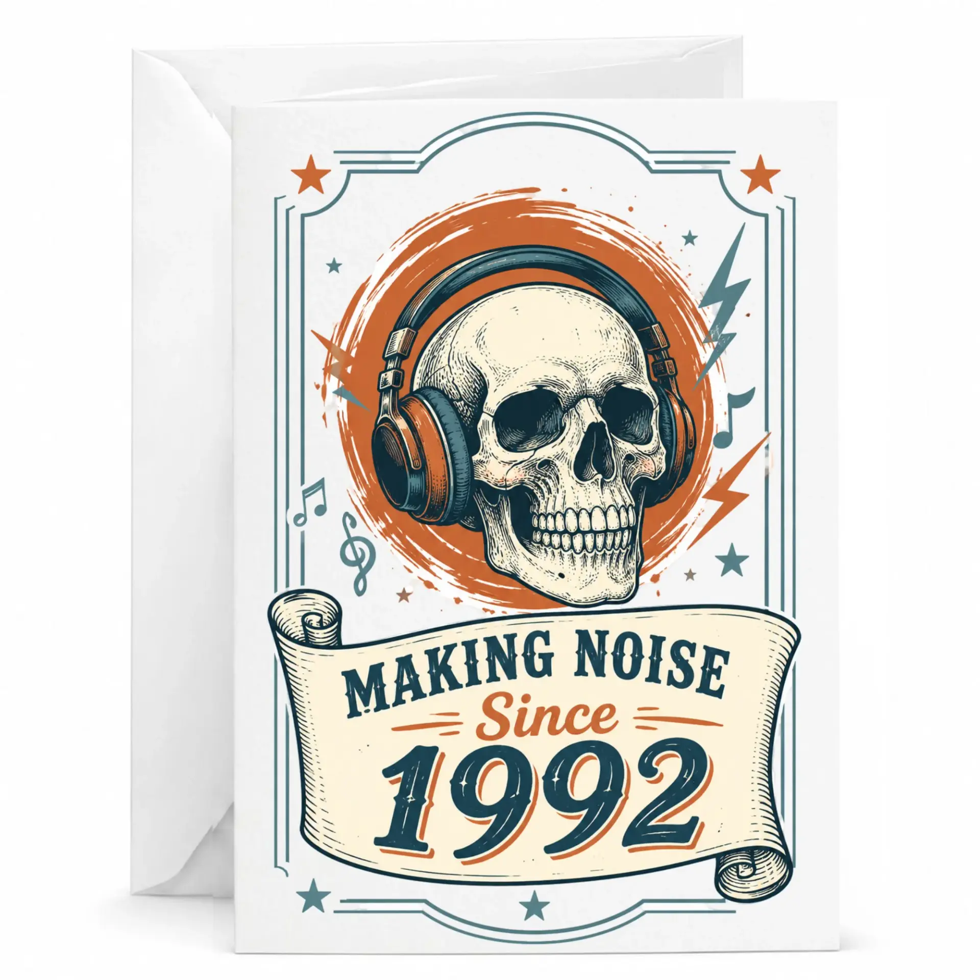 Funny Birthday Card for Music Lovers Skull with Headphones Design Greeting Turning 1992 Born Year