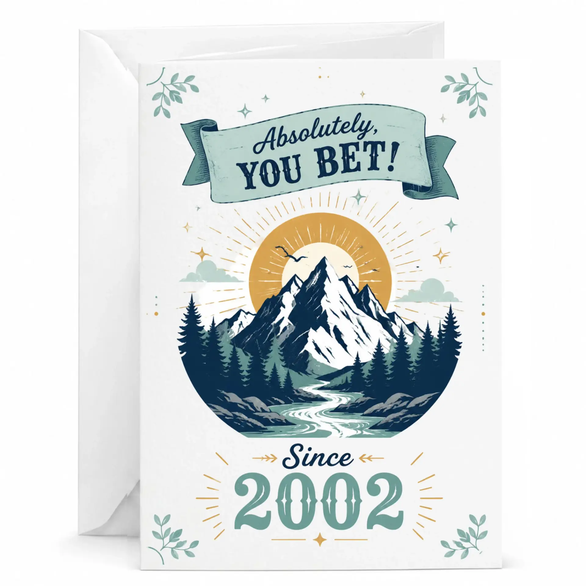 Birthday Greeting Card Since 2002 Featuring Mountain Landscape Artwork with Vintage Style Banner Text for Milestone Celebration