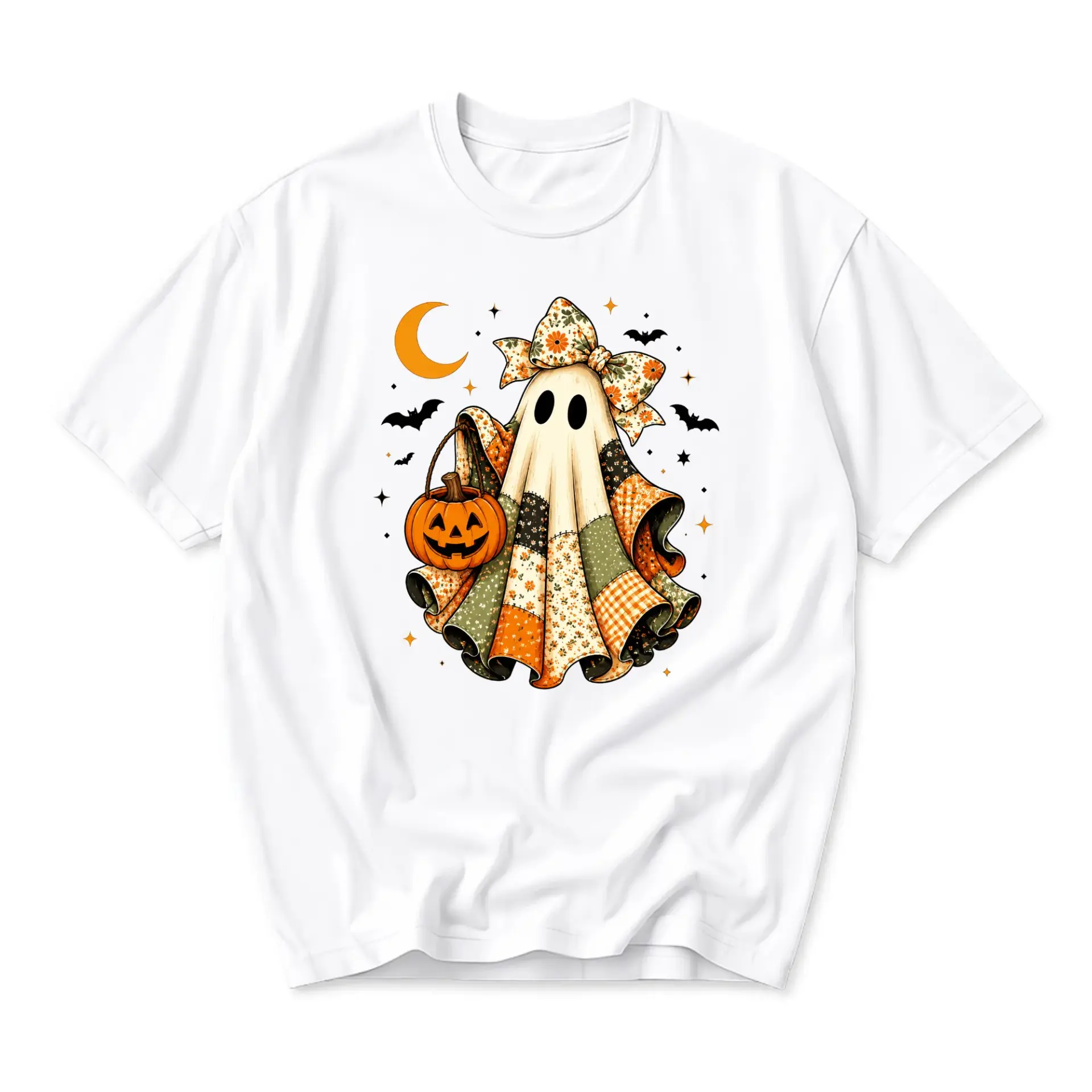 Graphic Tee Unisex Crew Neck Shirt Featuring Cute Patchwork Ghost Design with Pumpkin for Casual Everyday Autumn Wear