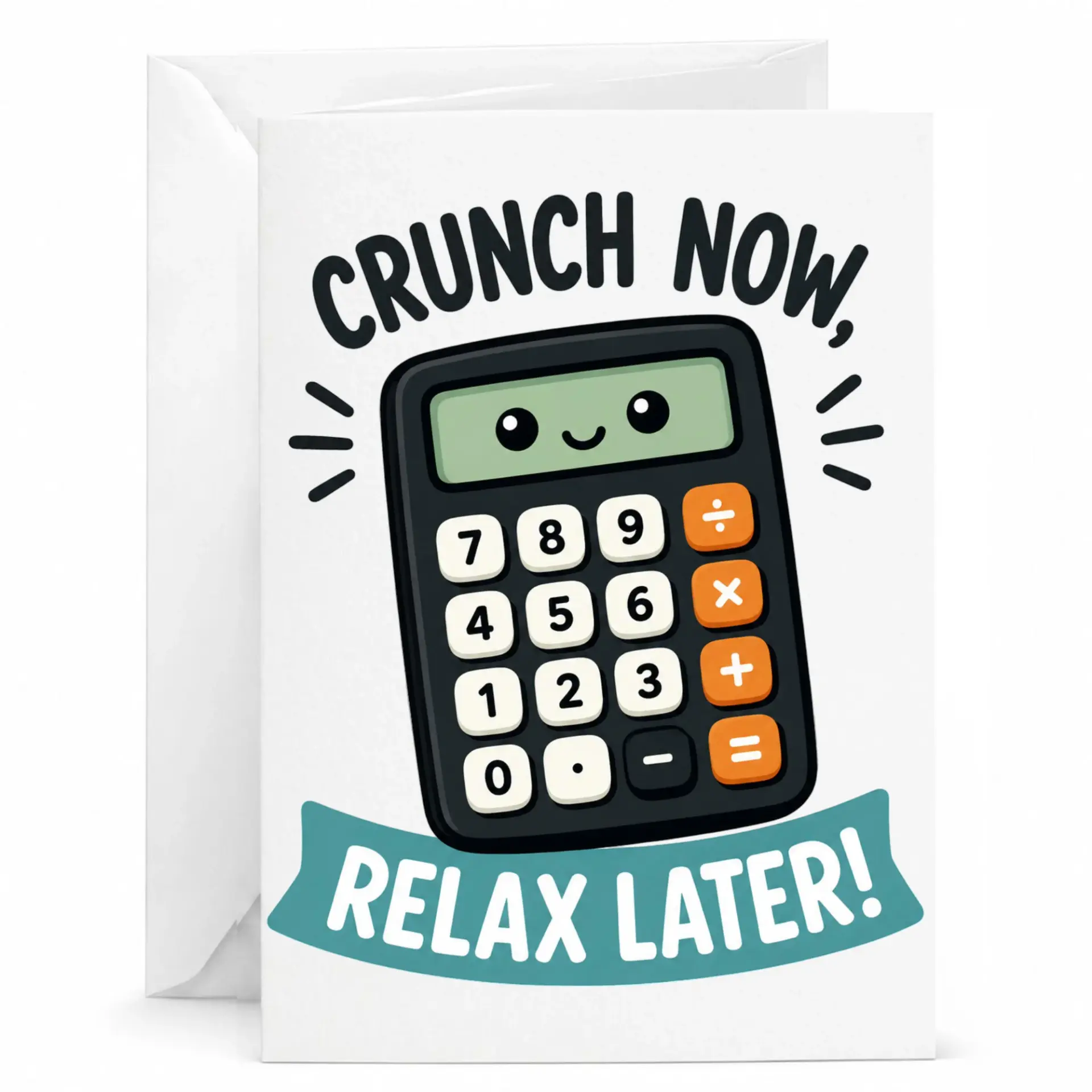 Funny Calculator Greeting Card Crunch Now Relax Later Whimsical Pun Stationery for Accountants and Math Enthusiasts