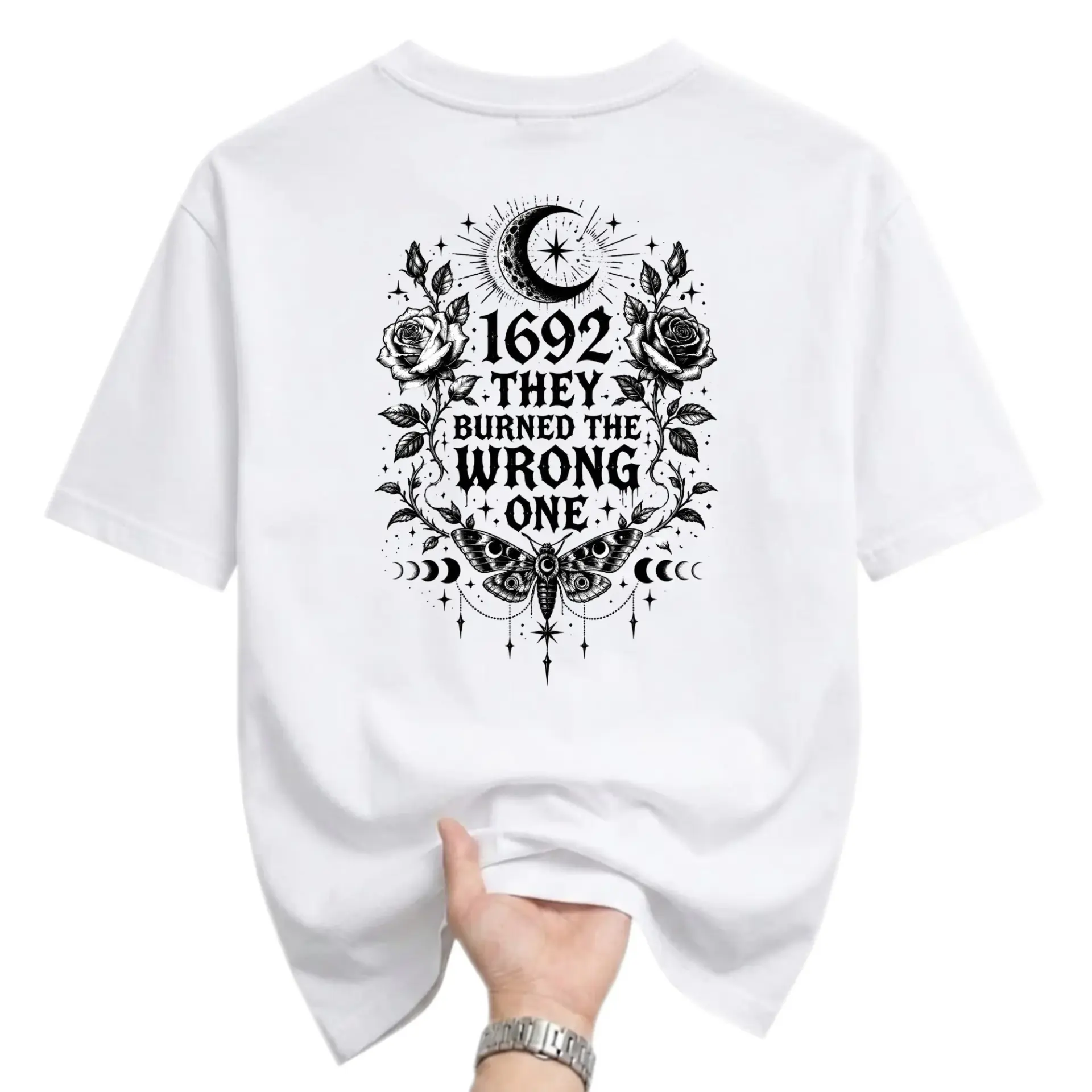 Graphic Tee 1692 They Burned the Wrong One Witchy Occult Celestial Moth Rose Art Unisex Crewneck T-Shirt White