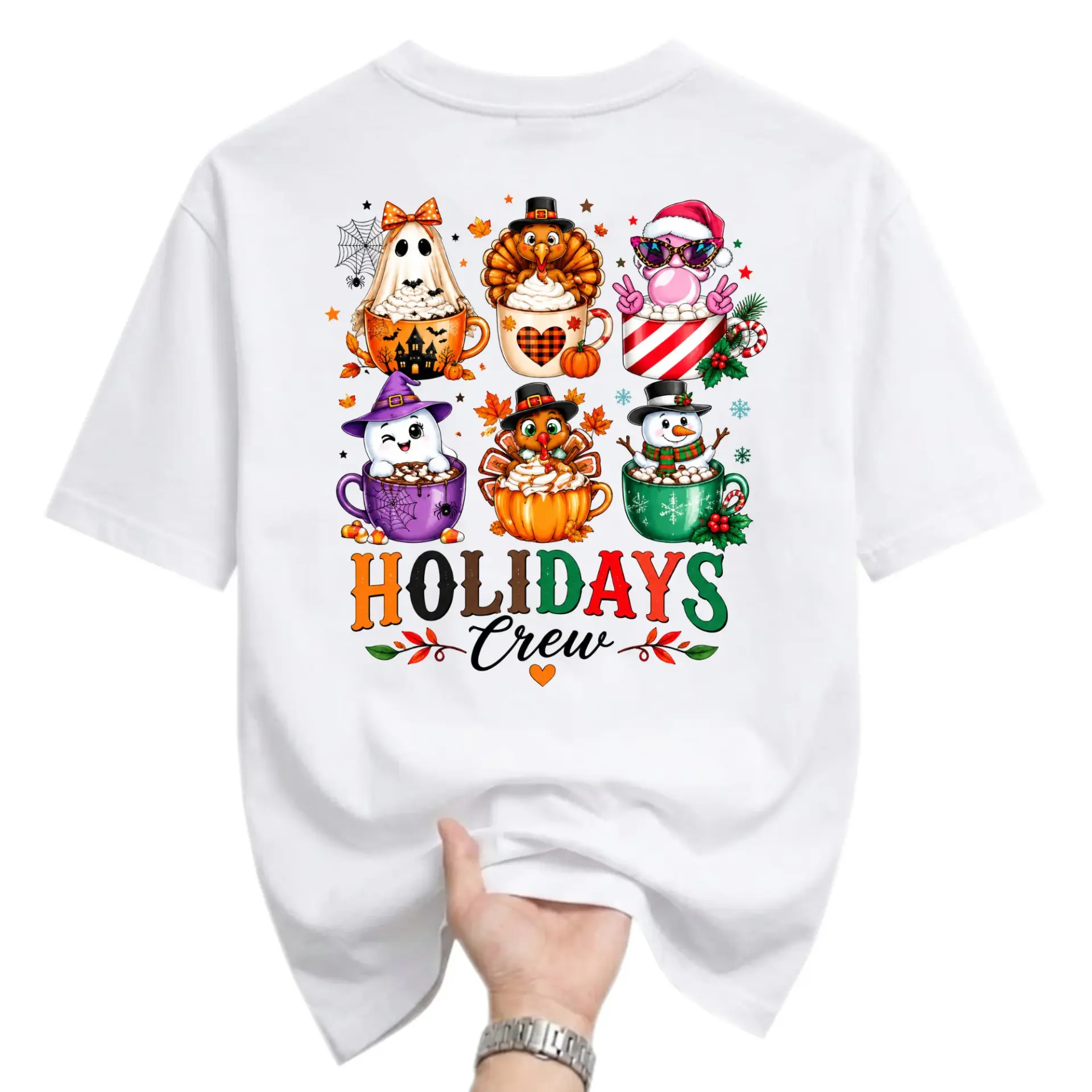 Graphic Tee Holidays Crew Seasonal Characters T-Shirt Featuring Festive Mug Illustration Unisex Casual Crew Neck Top