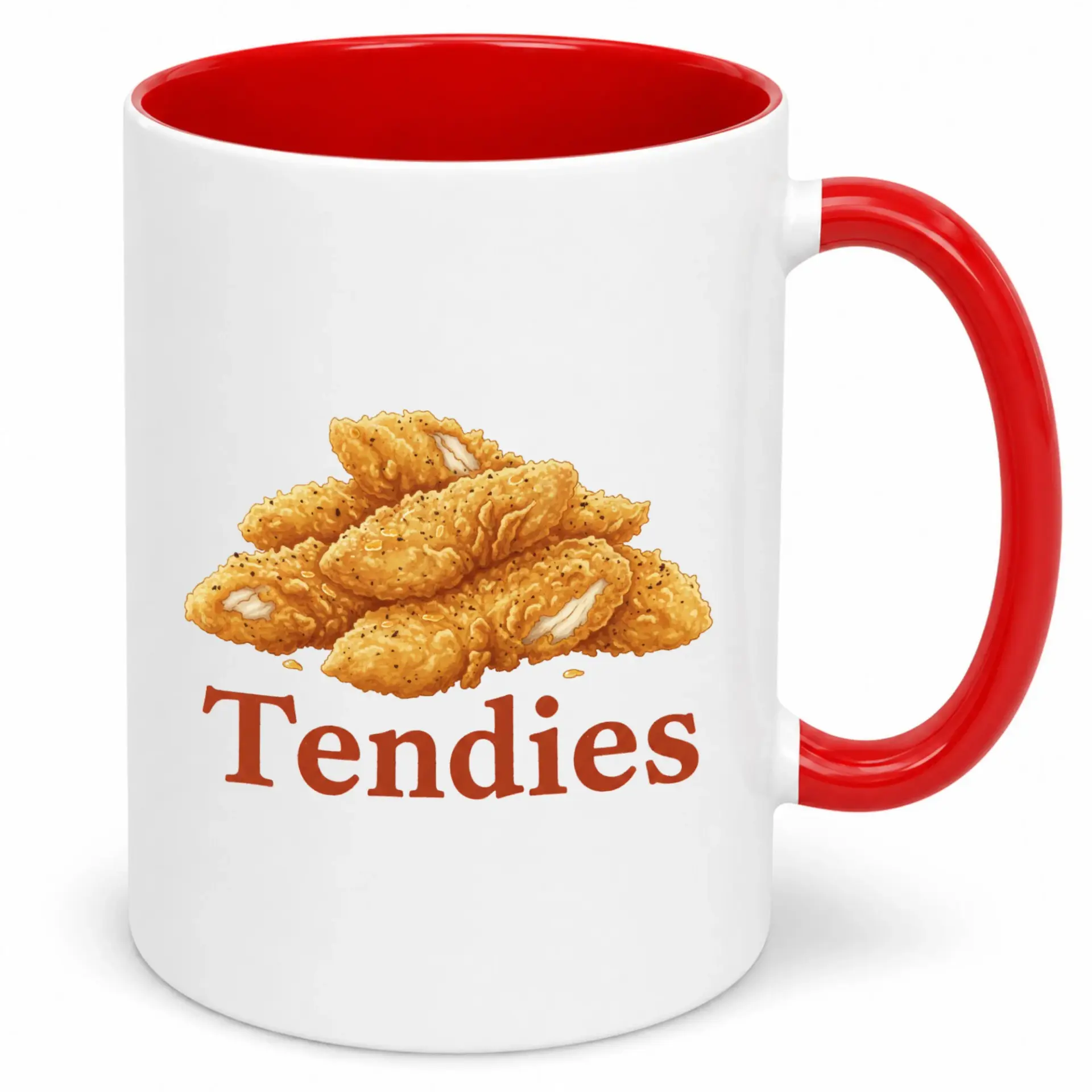 Funny Tendies Chicken Tenders Food Lover Ceramic Coffee Mug with Red Handle & Interior Humorous Snack Enthusiast Drinkware for Home & Office