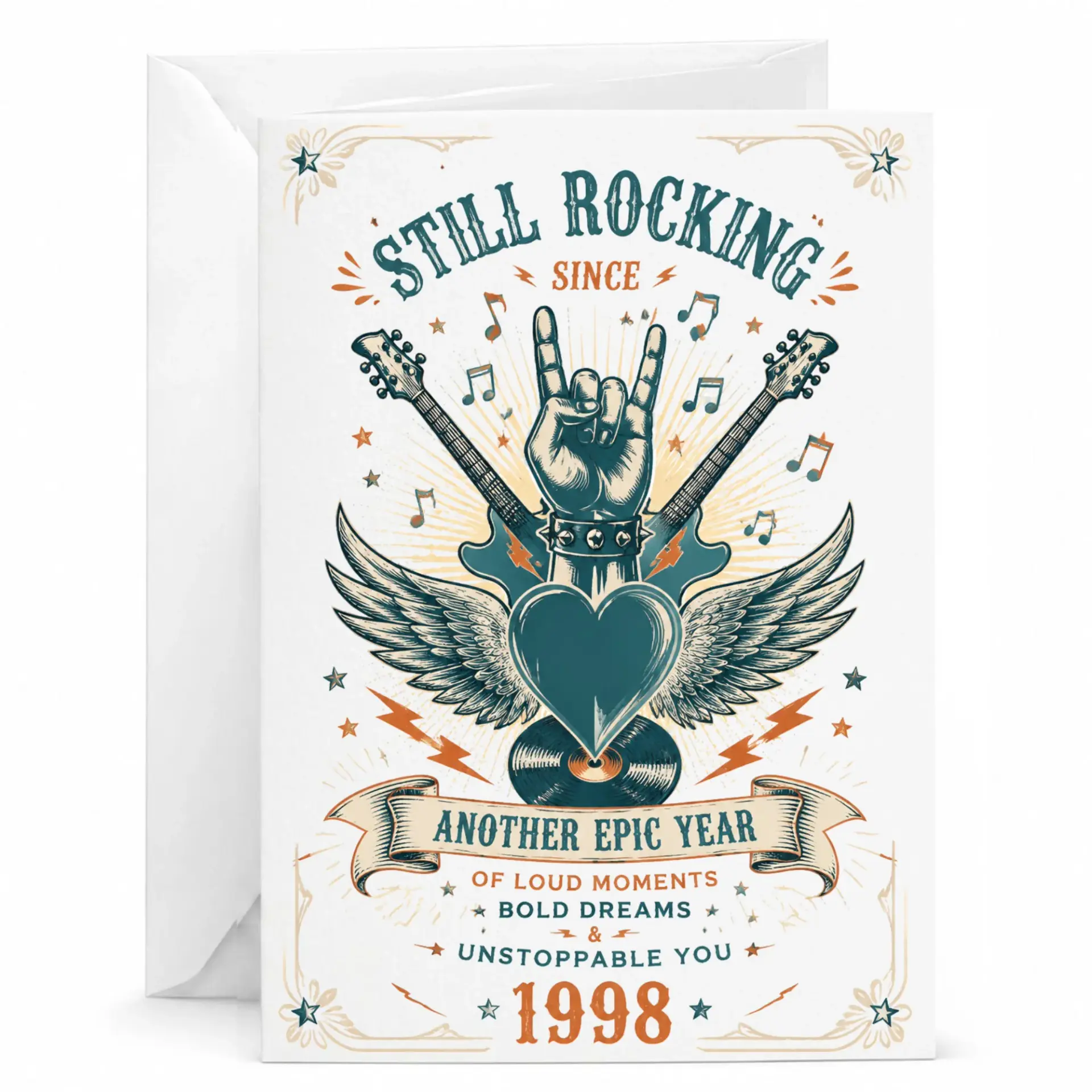 Greeting Card Still Rocking Since 1998 Vintage Music Theme Birthday Card for Music Lovers with Matching White Envelope
