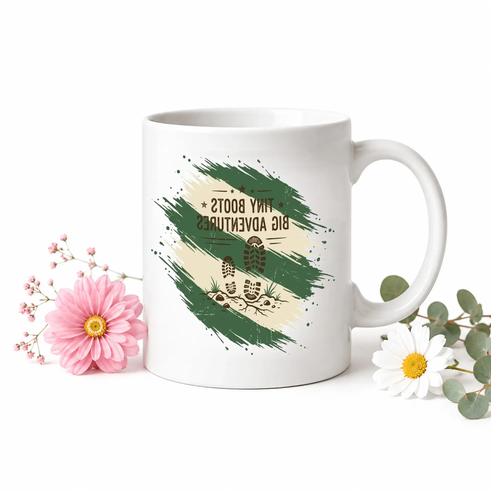 Travel Themed Ceramic Coffee Mug Featuring Tiny Big Adventures Graphic Design with Blue Handle and Rim