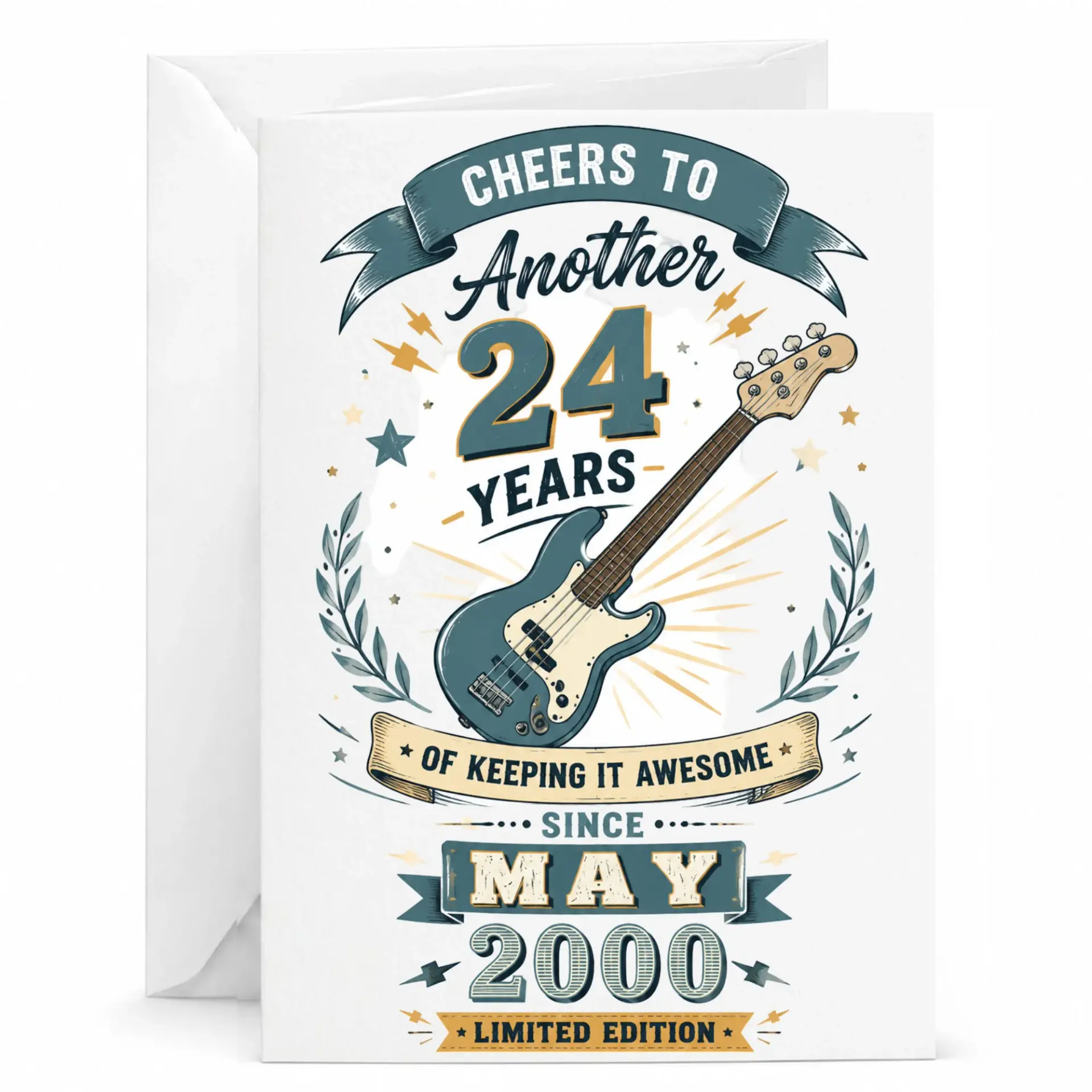 Birthday Card Cheers to Another 24 Years Electric Bass Guitar Design for Musicians Born in May 2000 Limited Edition